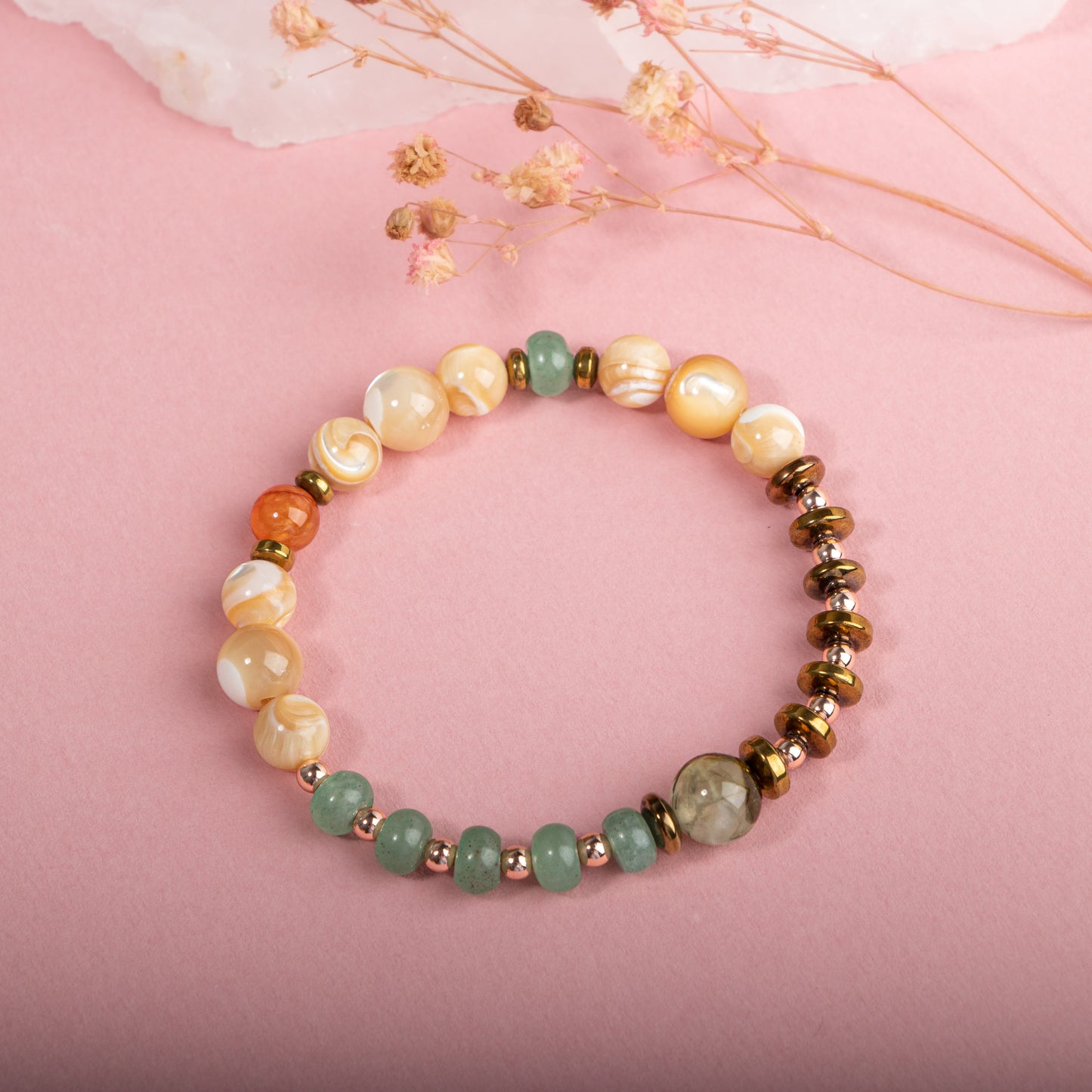 Hematite, Prehneite, Aventurine, Mother of Pearl Natural Stone Bracelet