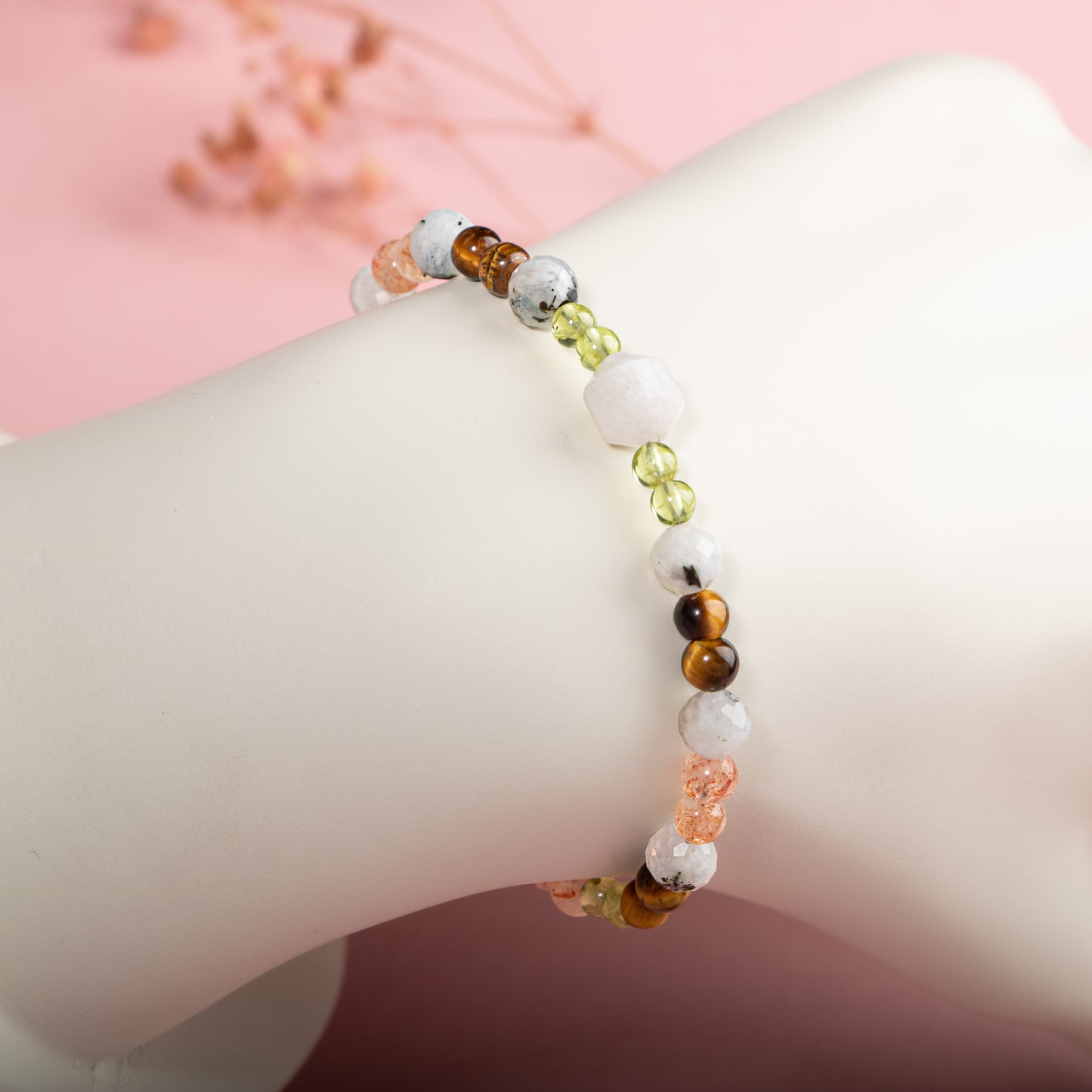 Moonstone, Peridote, Tiger Eye, Natural Stone Bracelet with Silver Clip