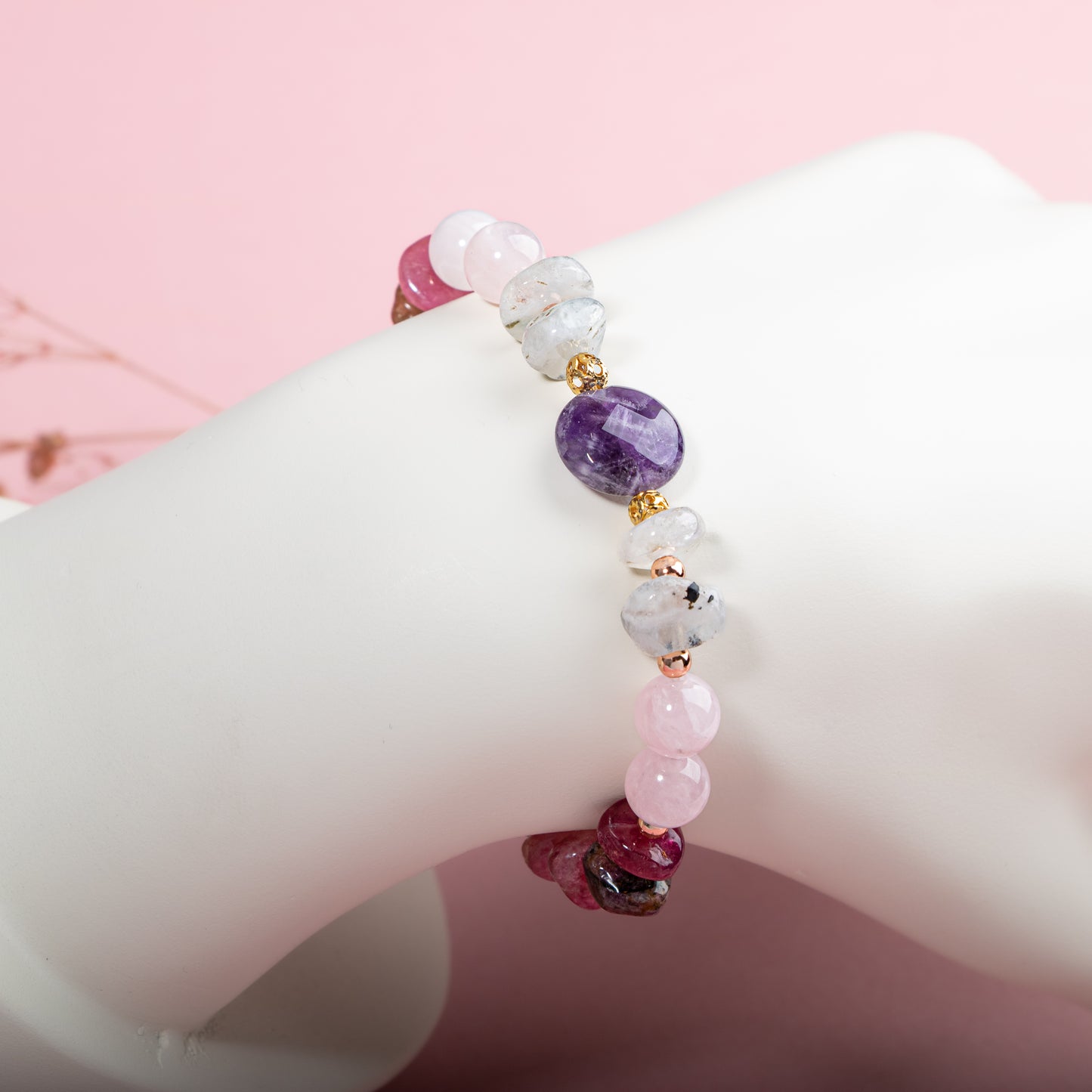 Moonstone, Pink Quartz, Tourmaline, Amethyst Natural Stone Bracelet