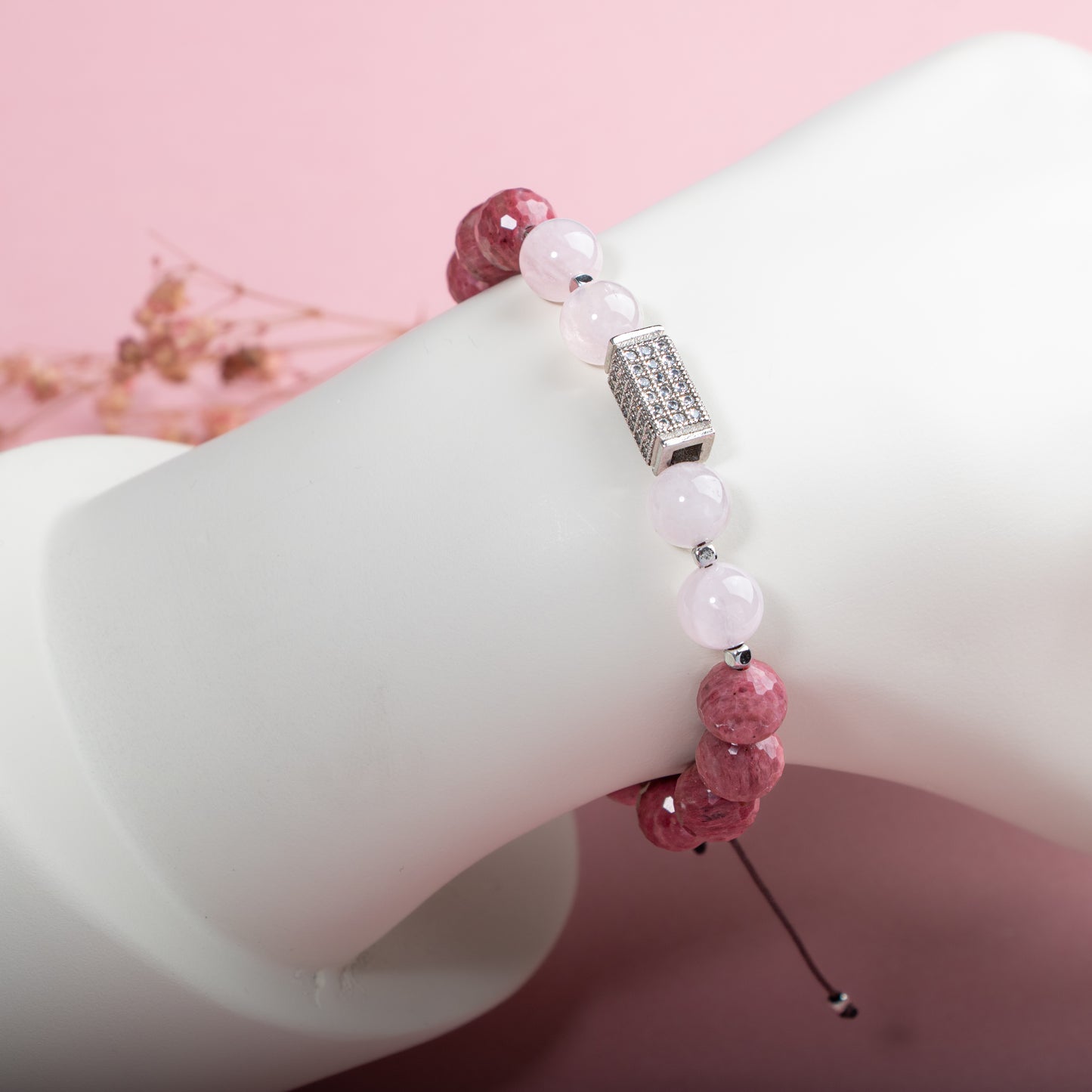 Natural Stone Macrame Design Bracelet with Rhodonite, Pink Quartz Silver Accents