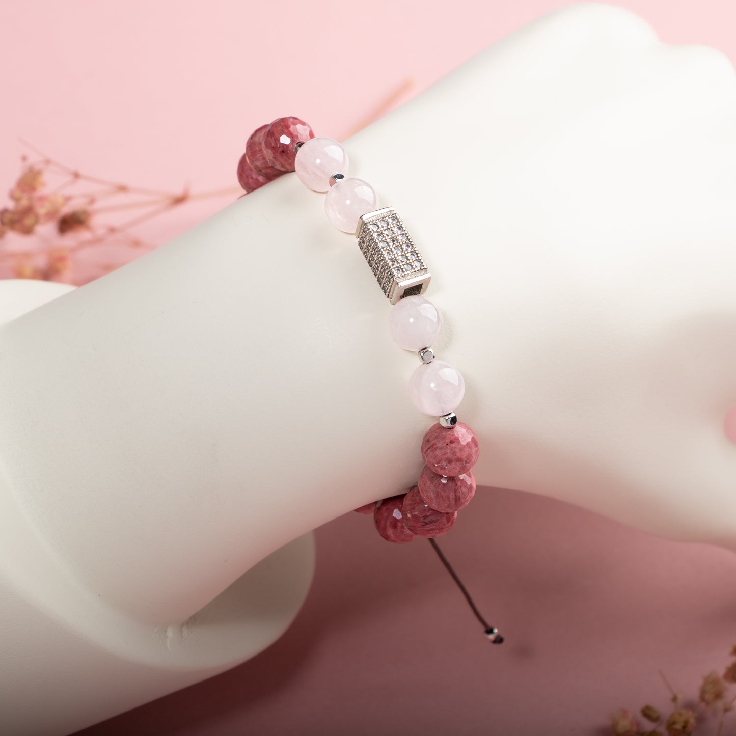 Natural Stone Macrame Design Bracelet with Rhodonite, Pink Quartz Silver Accents