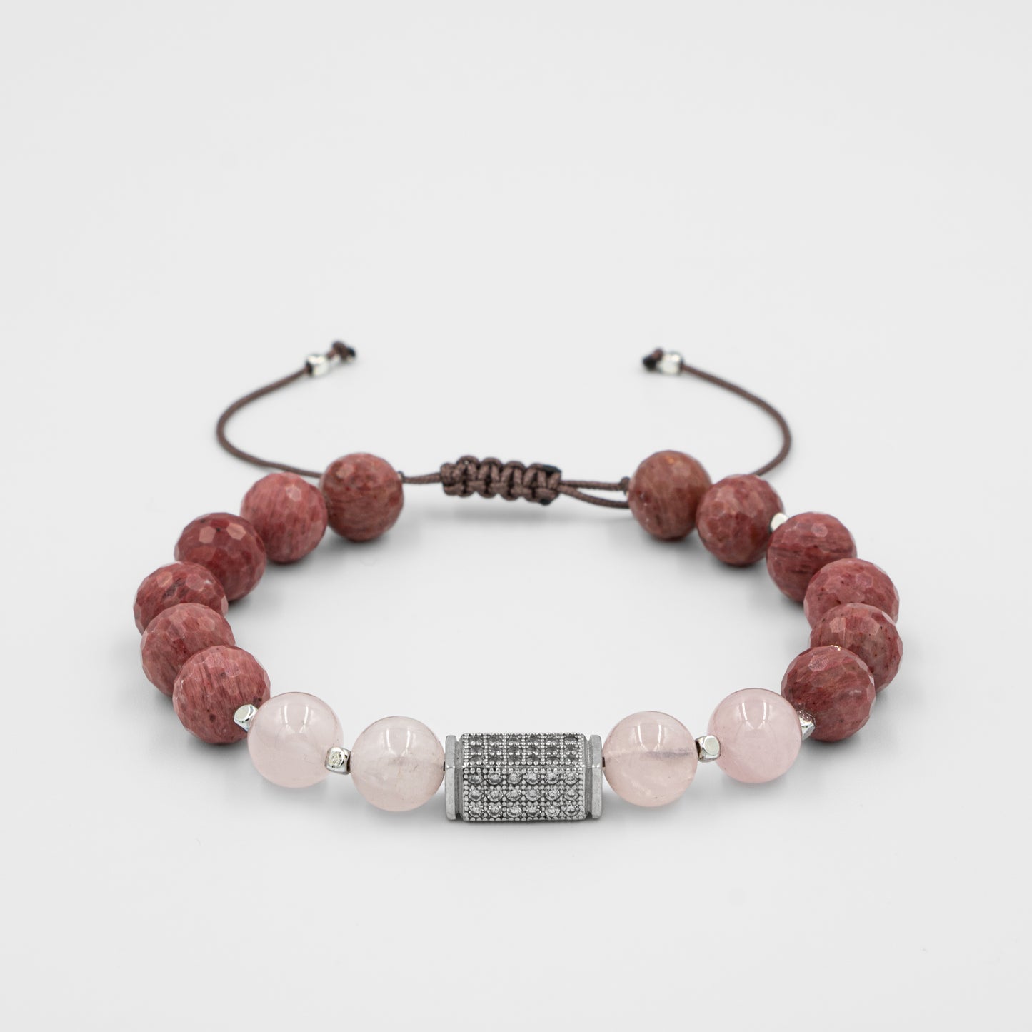 Natural Stone Macrame Design Bracelet with Rhodonite, Pink Quartz Silver Accents