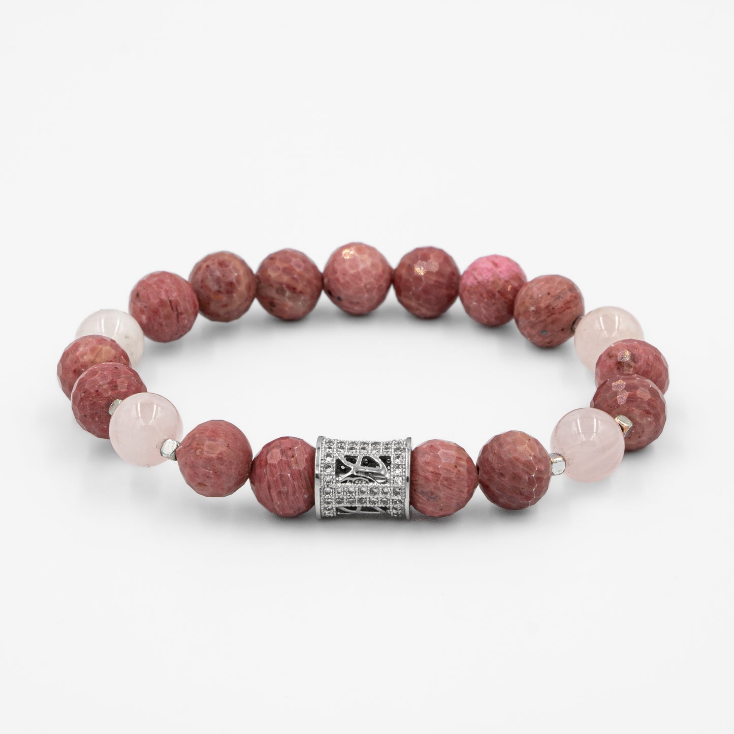 Rhodonite and Pink Quartz Natural Stone 925 Sterling Silver Bracelet