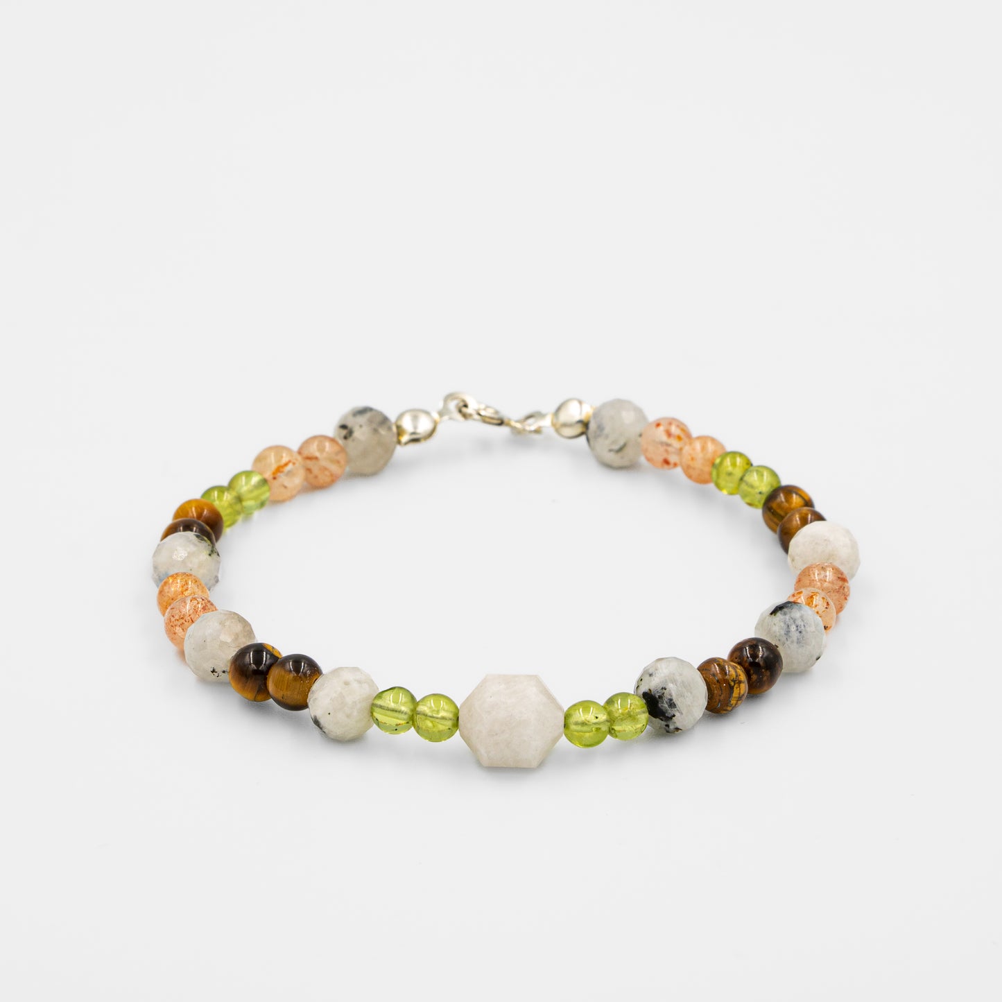 Moonstone, Peridote, Tiger Eye, Natural Stone Bracelet with Silver Clip