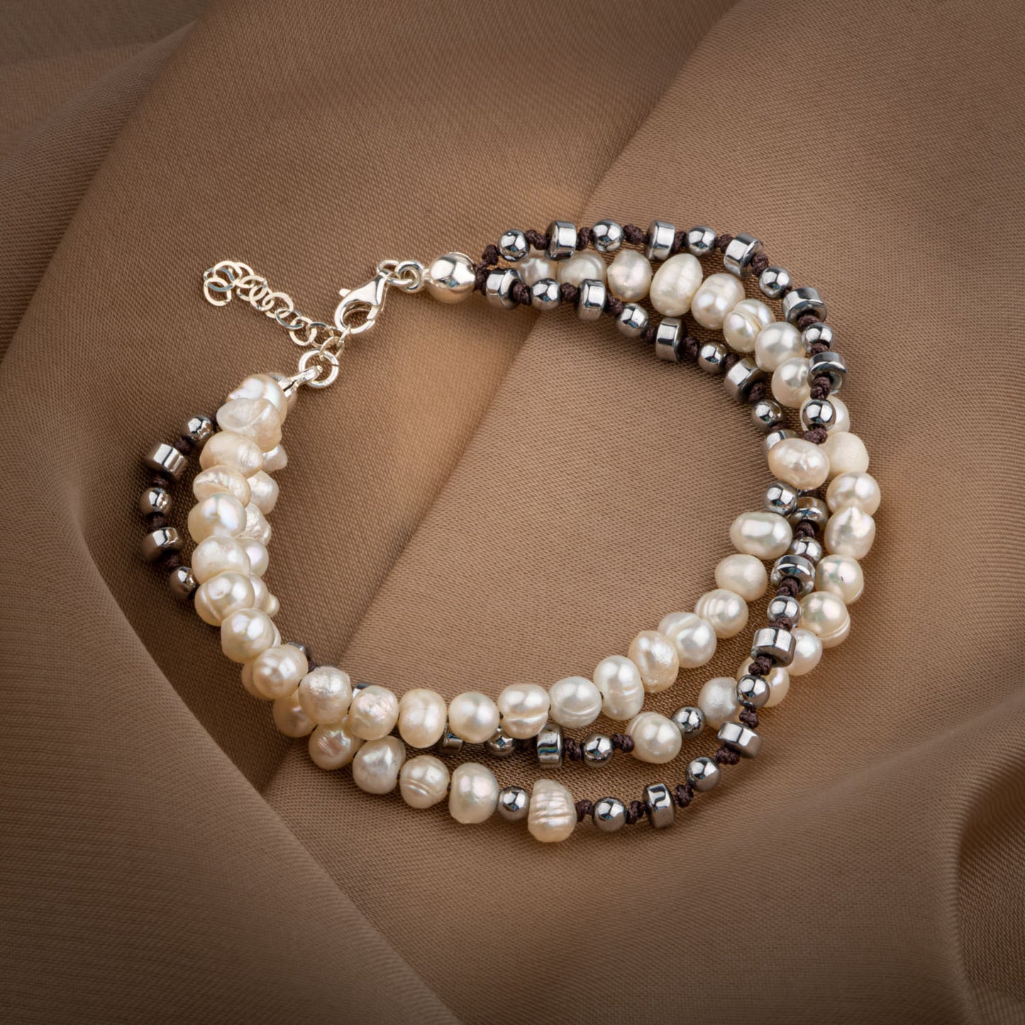 Pearl, Hematite Natural Stone 925 Sterling Silver Bracelet