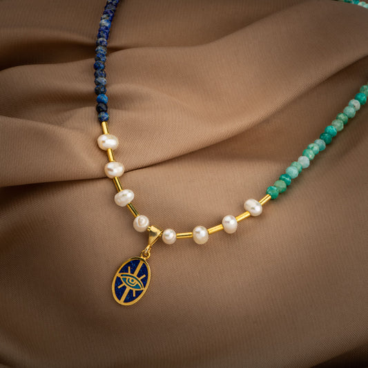 Pearl, Amazonite, Lapis Lazuli Natural Stone 925 Sterling Silver Necklace