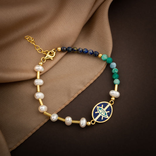 Pearl, Amazonite, Lapis Lazuli 925 Sterling Silver Bracelet