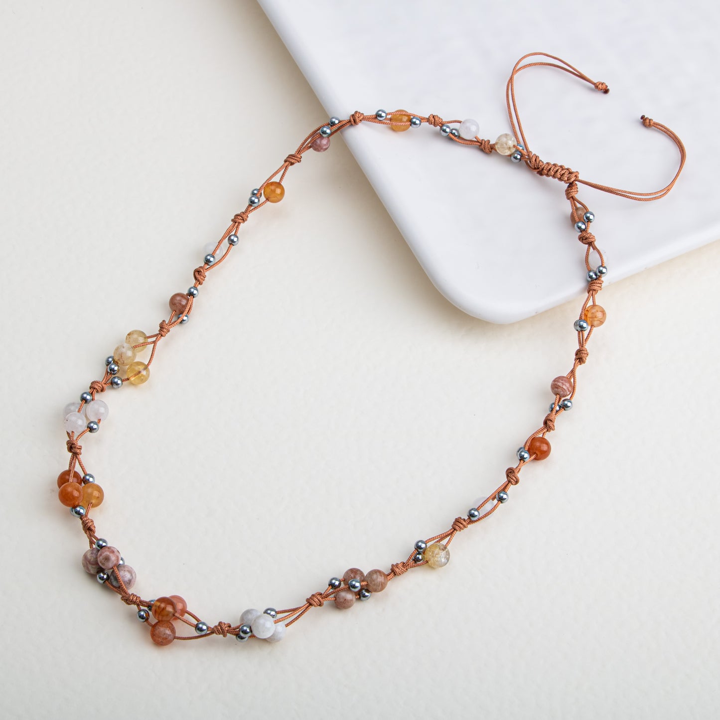 Moonstone, Tiger Eye, Citrine and Agate Natural Stone Macrame Necklace