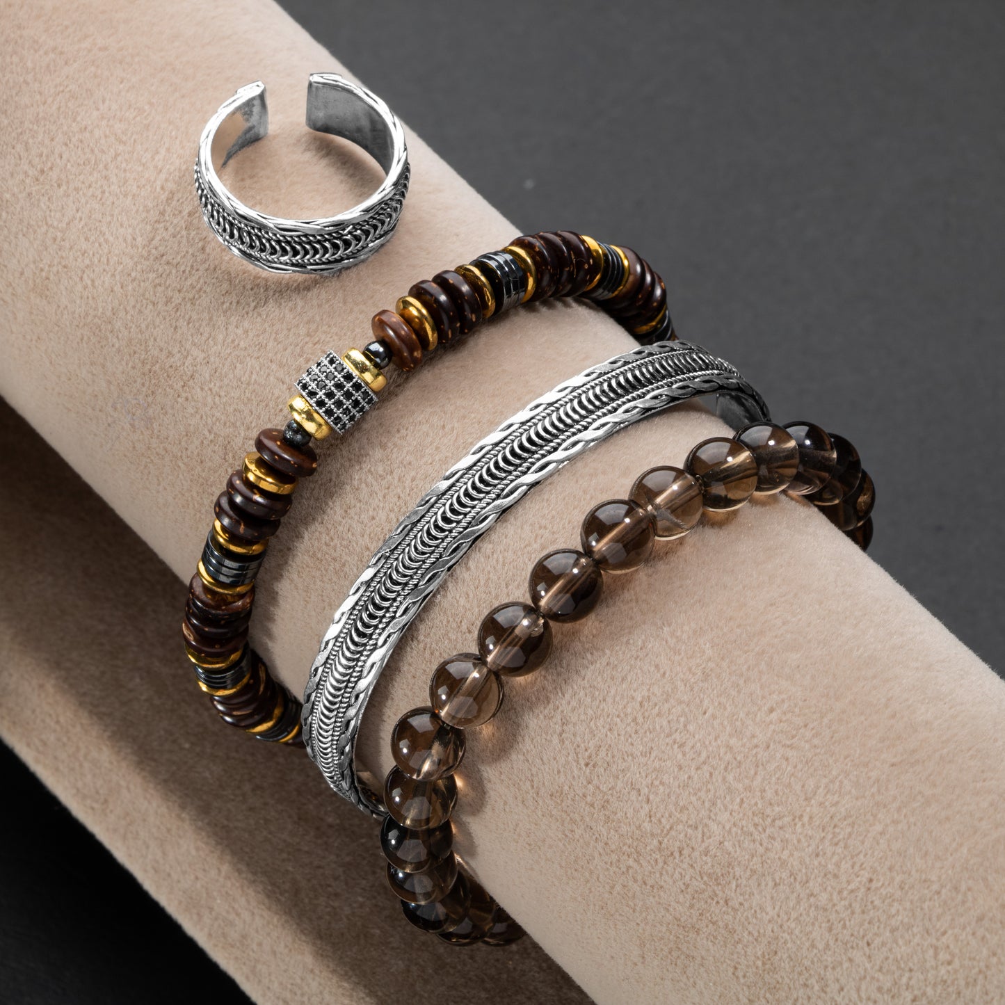 Smoky Quartz, Tiger Eye Stone Adjustable Sterling Silver Ring and Silver Bracelet Set