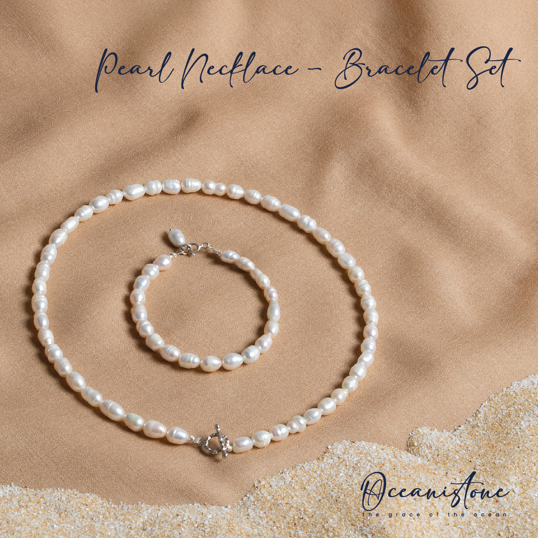 Baroque Pearl Necklace & Bracelet Set with Silver Clasp 5 6 mm