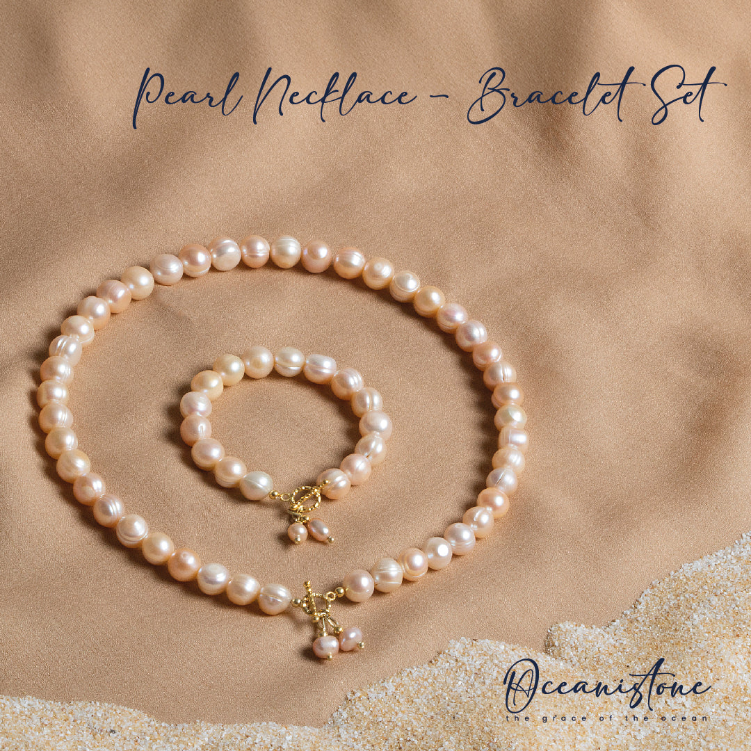 Pink Pearl Necklace & Bracelet Set with Silver Clasp 9 10 mm