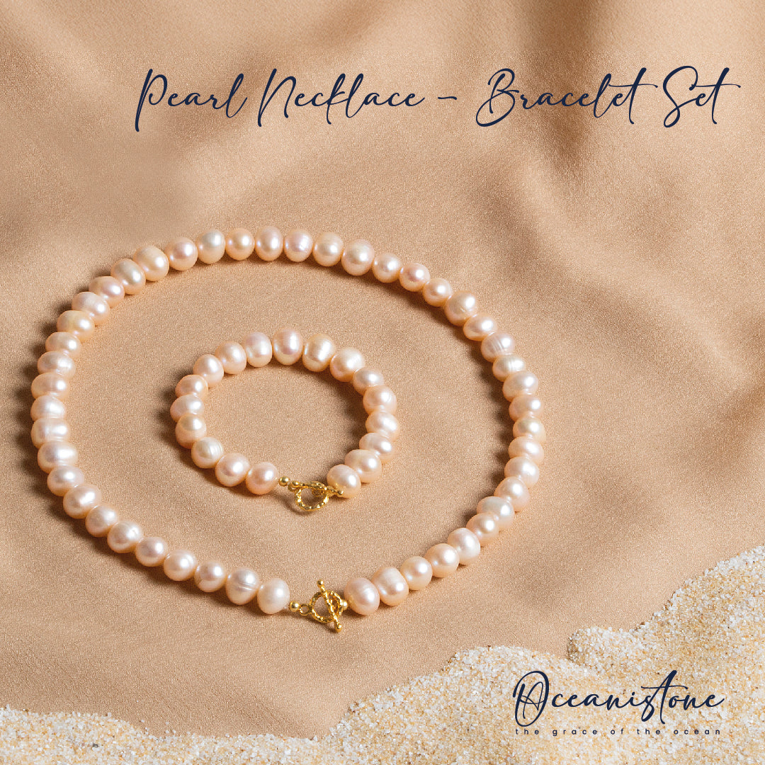 Pink Pearl Necklace & Bracelet Set with Silver Clasp 9 10 mm