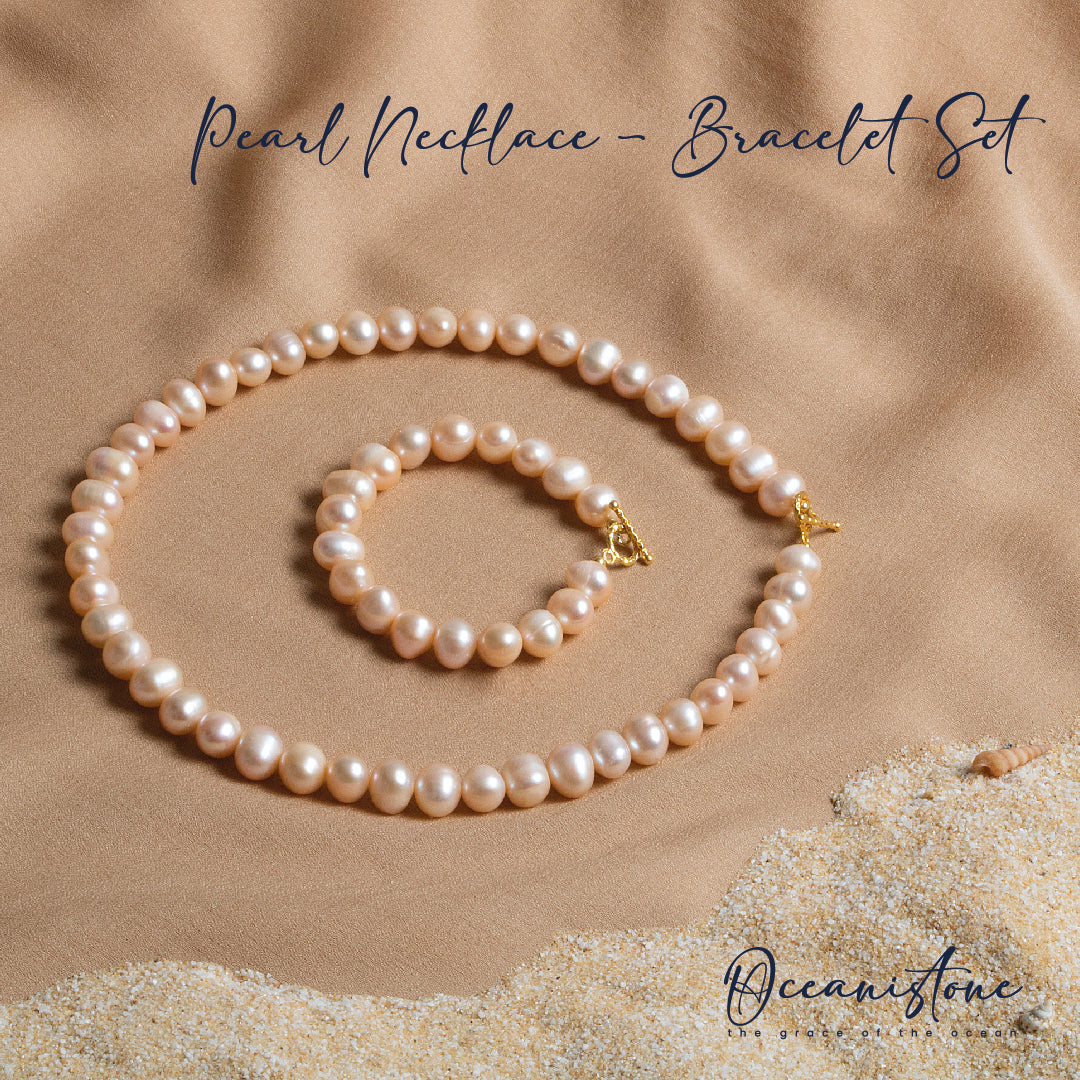 Pink Pearl Necklace & Bracelet Set with Silver Clasp 9 10 mm