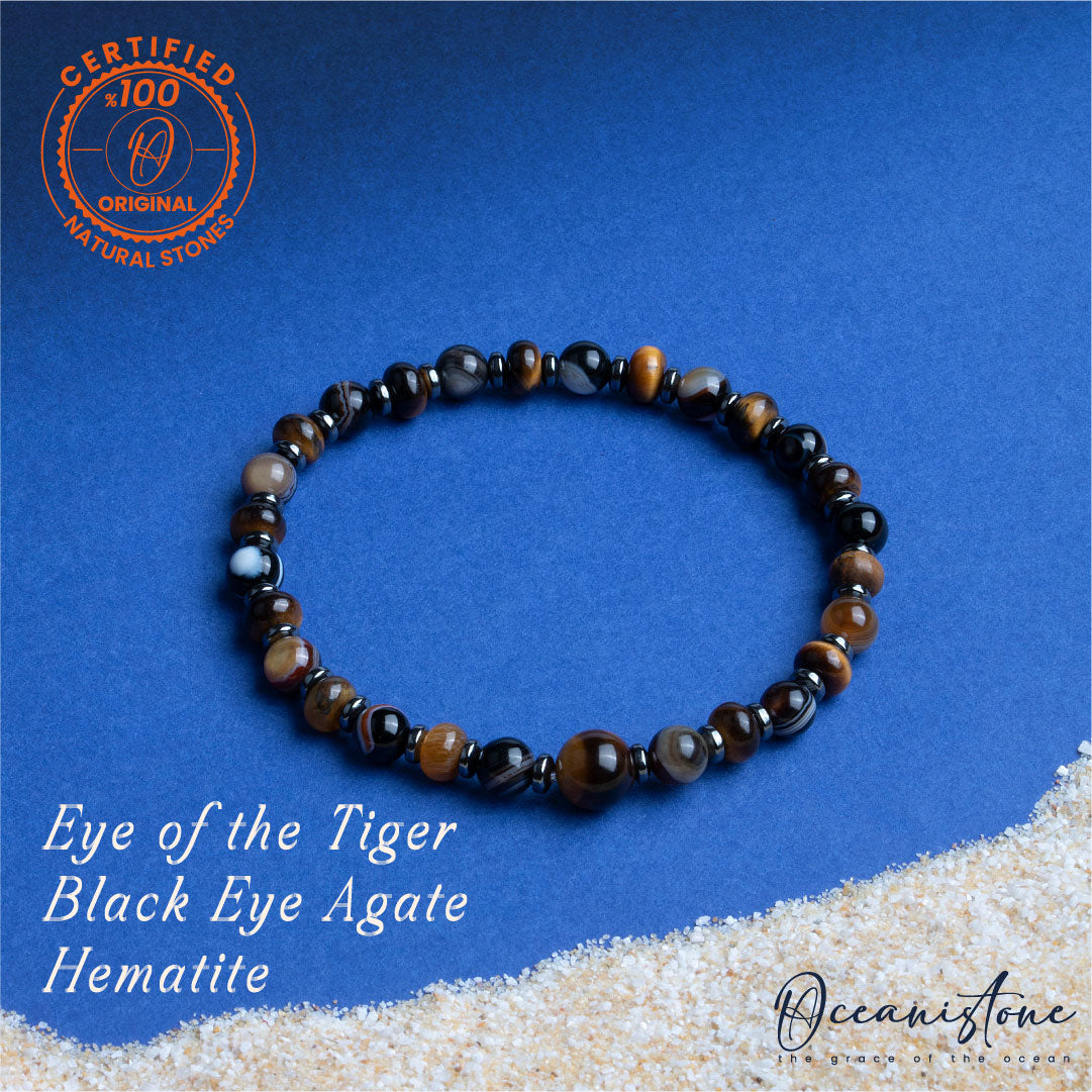 Men’s Tiger Eye, Black Eye Agate, and Hematite Stretch Bracelet