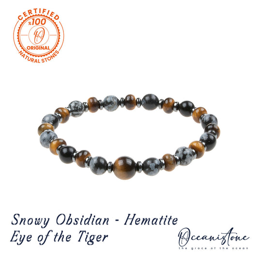 Men’s Tiger Eye, Snowflake Obsidian, and Hematite Stretch Bracelet