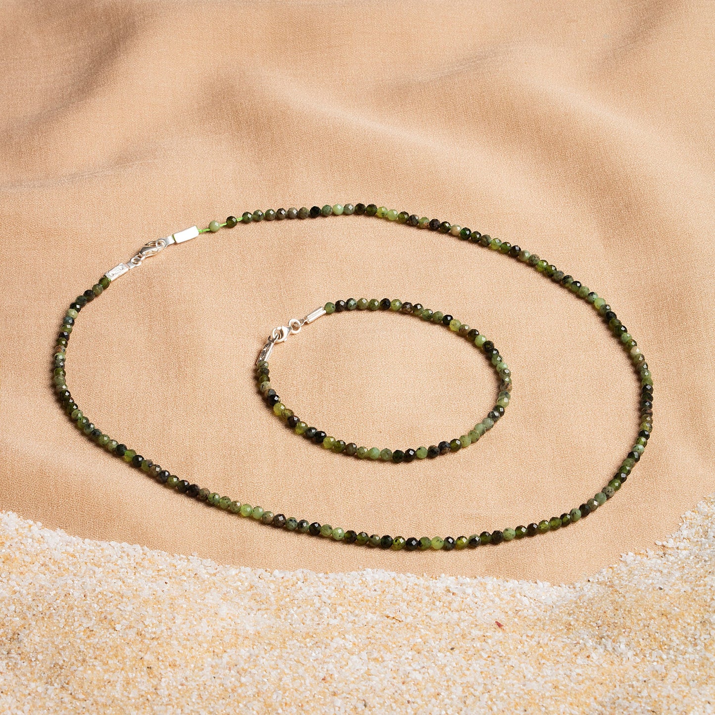 Jade Necklace and Bracelet Set with Silver Clasps 3-4 mm