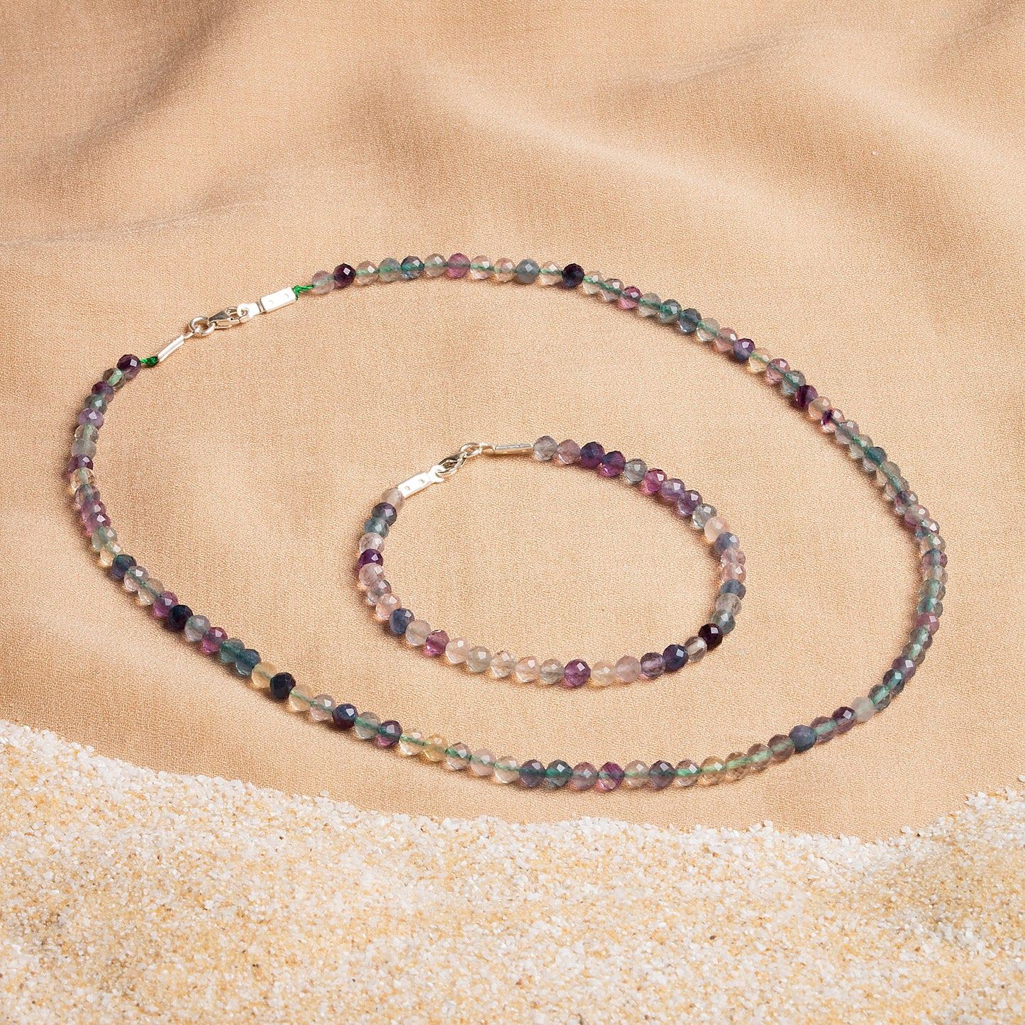 Fluorite Necklace and Bracelet Set with Silver Clasps 3-4 mm