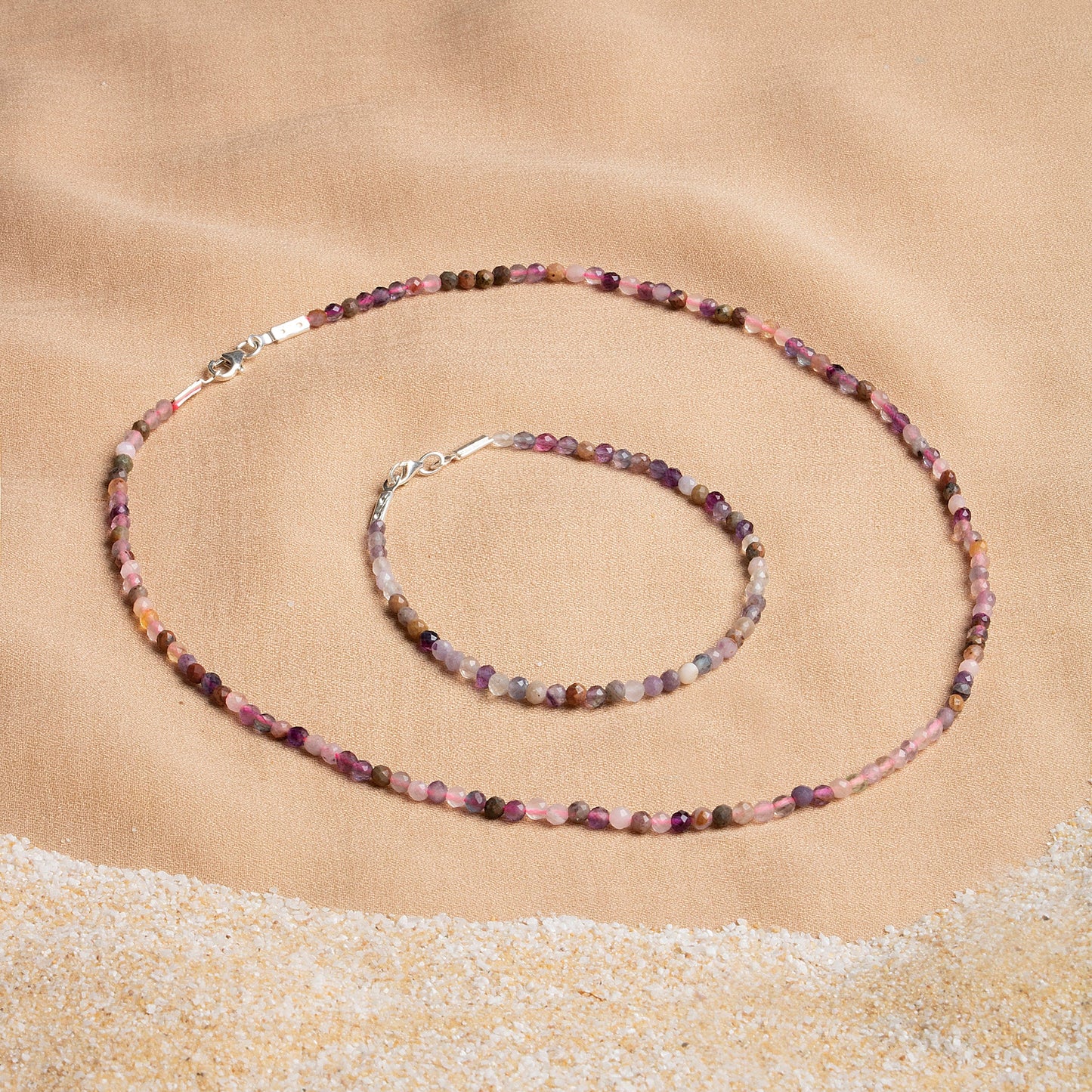 Multicolored Tourmaline Necklace and Bracelet Set with Silver Clasps 3-4 mm