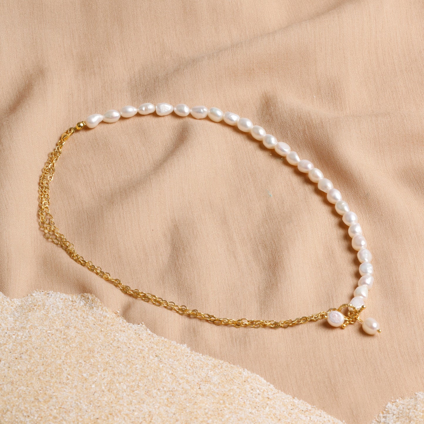 Freshwater Pearl Necklace with Gold-Toned Chain and Silver Accessories