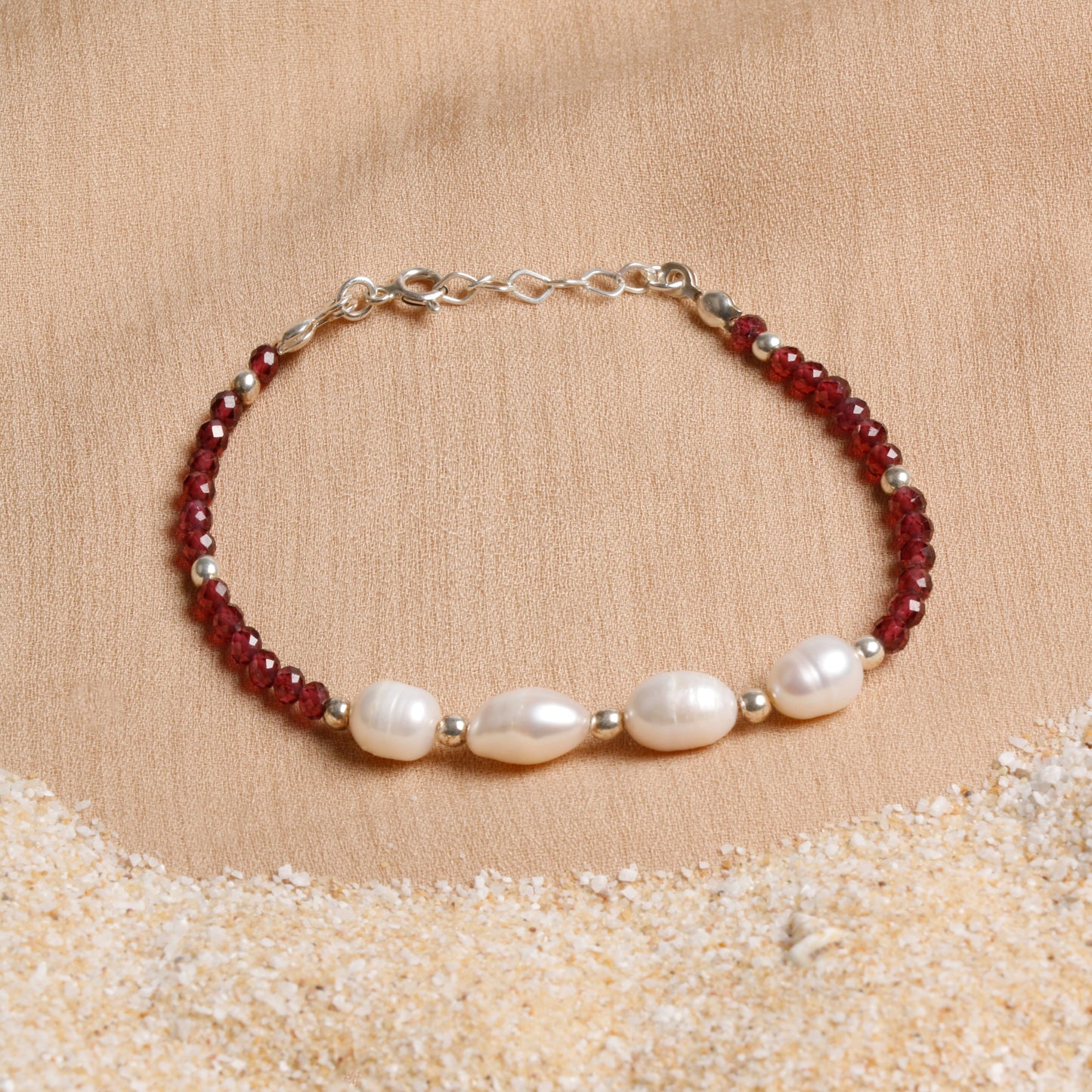 Garnet and Freshwater Pearl Bracelet with Silver Accents
