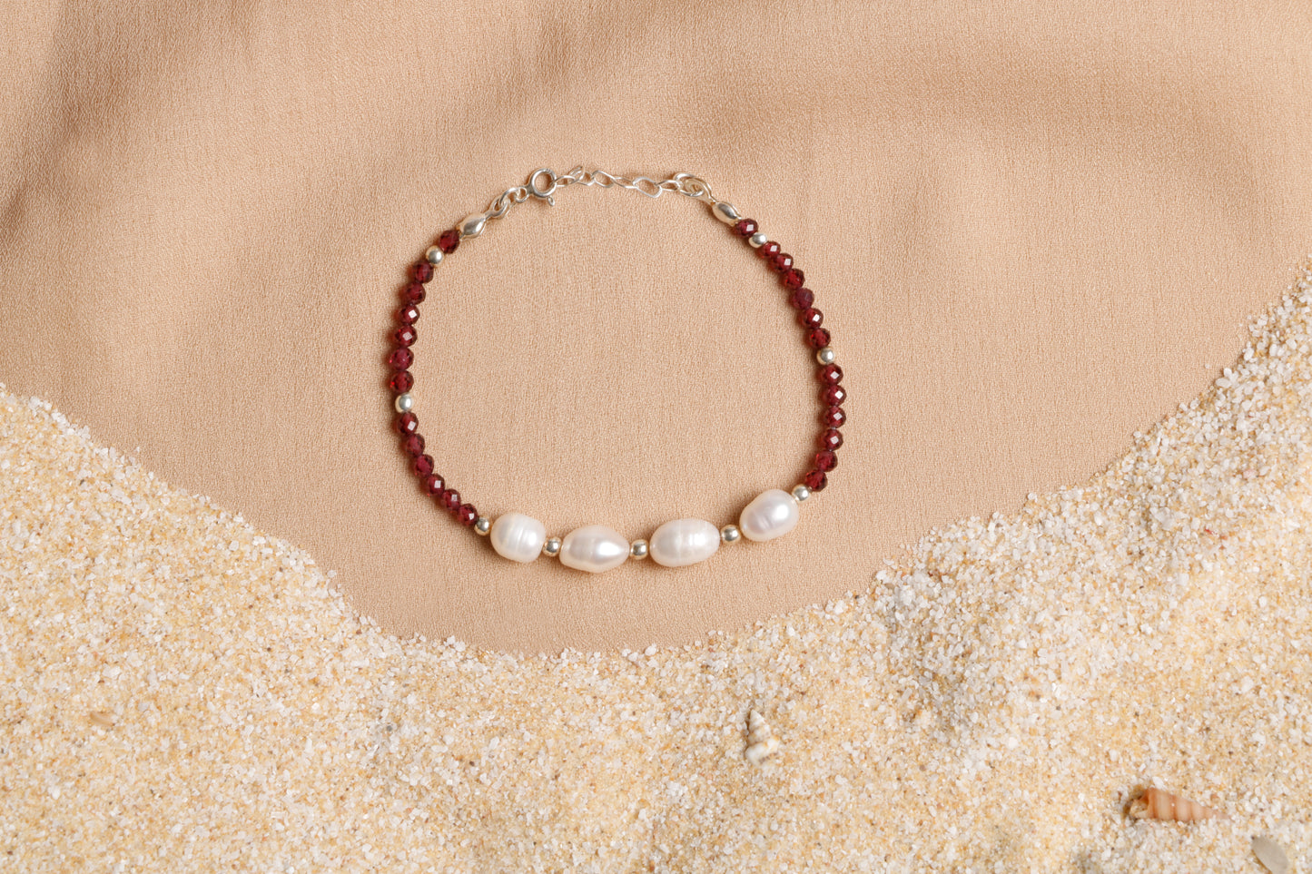 Garnet and Freshwater Pearl Bracelet with Silver Accents