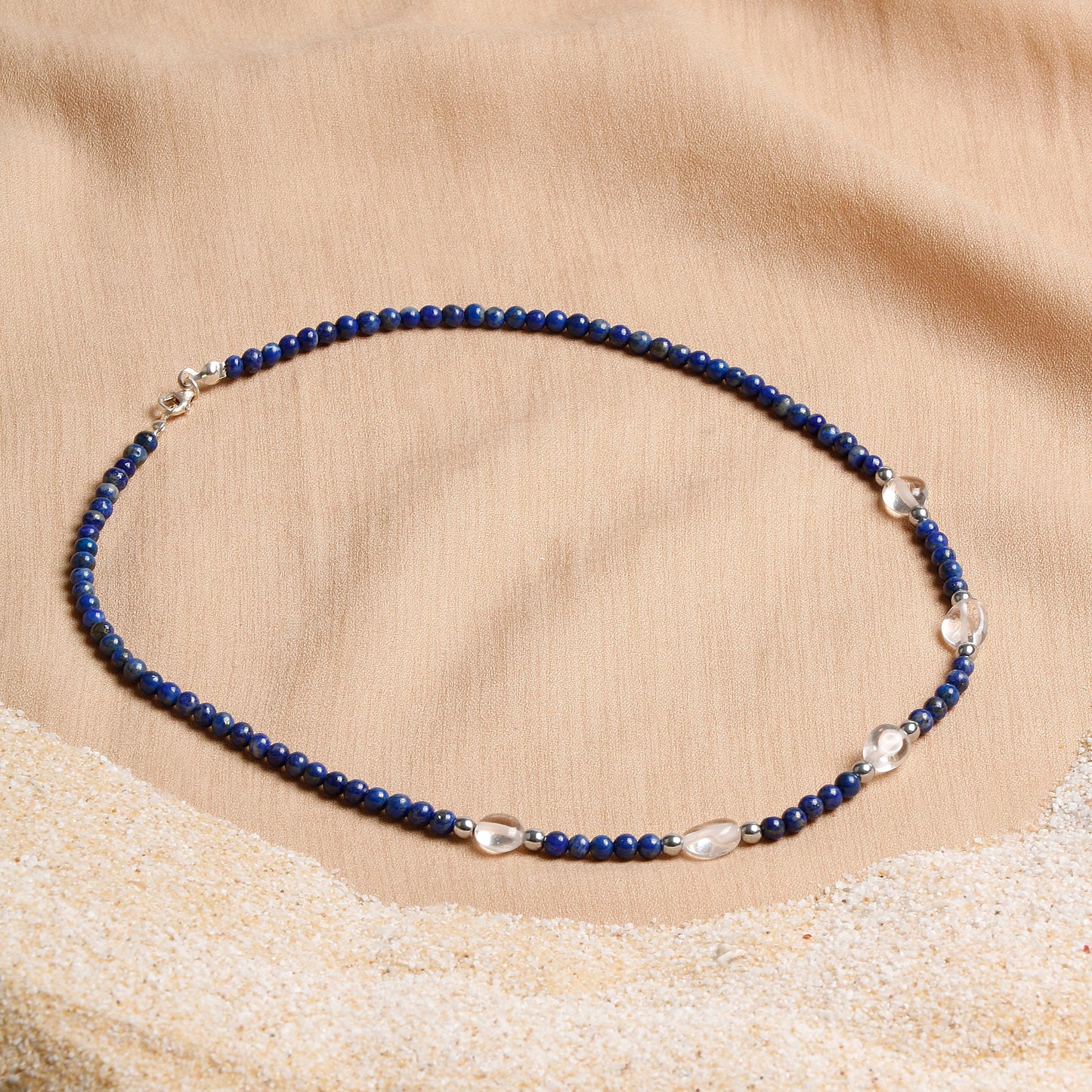 Oceanistone Natural Lapis and Crystal Quartz Necklace with Sterling Silver Clasp