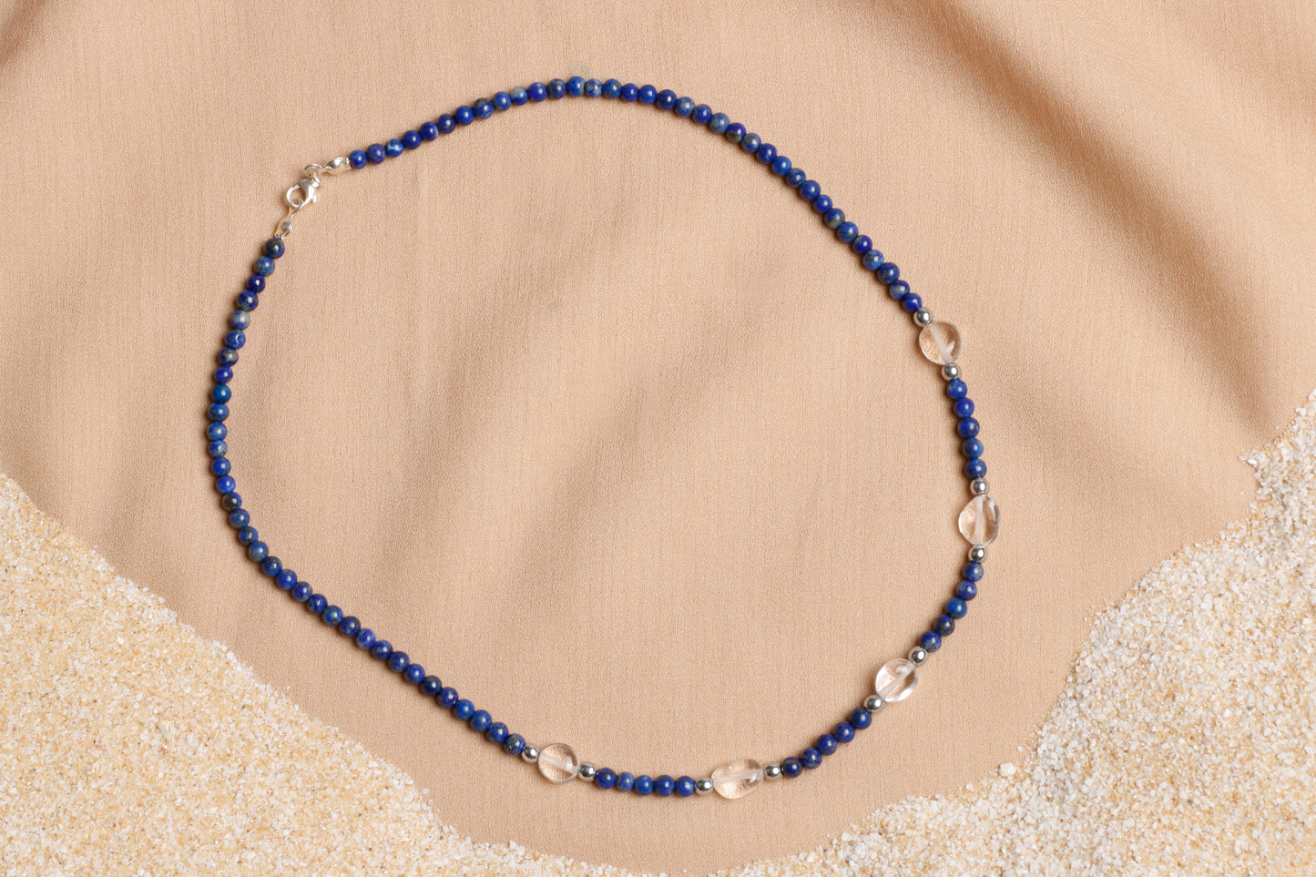 Oceanistone Natural Lapis and Crystal Quartz Necklace with Sterling Silver Clasp