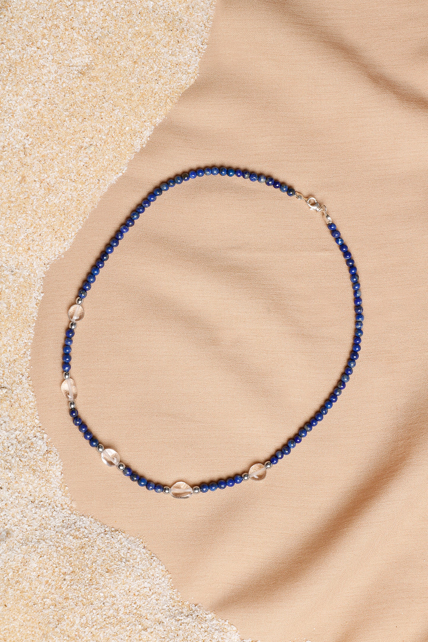 Oceanistone Natural Lapis and Crystal Quartz Necklace with Sterling Silver Clasp