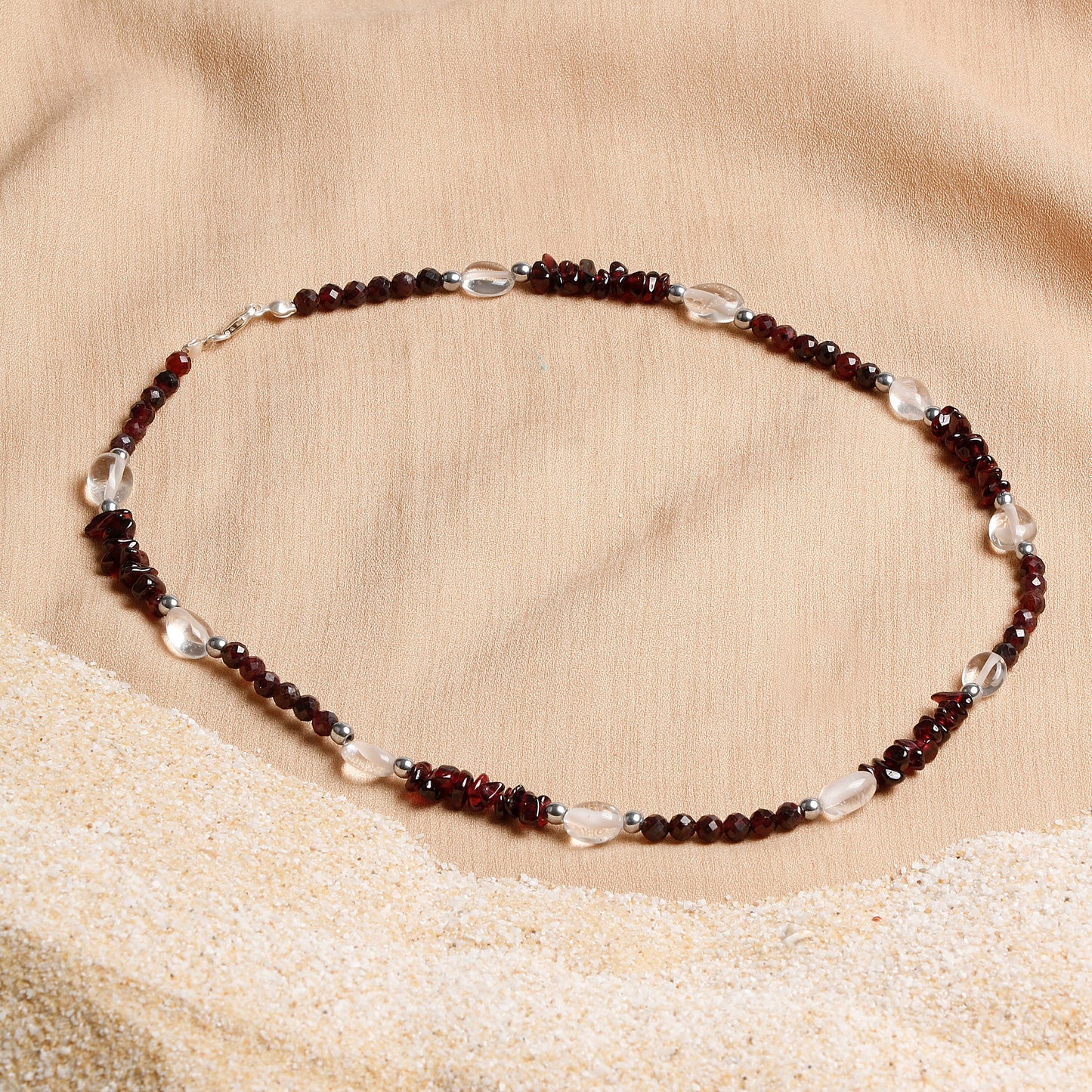 Oceanistone Natural Garnet and Crystal Quartz Necklace with Silver Clasp