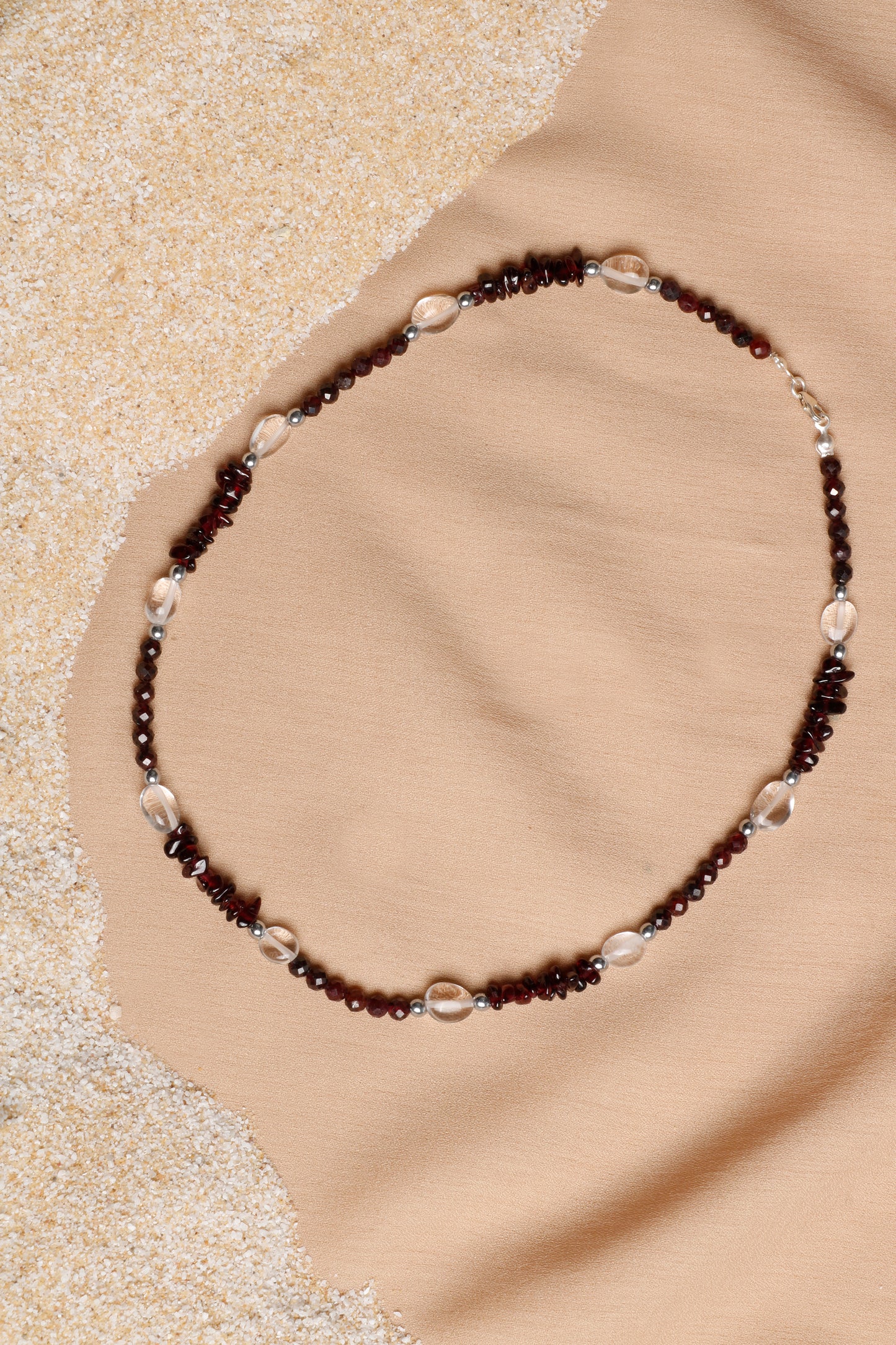 Oceanistone Natural Garnet and Crystal Quartz Necklace with Silver Clasp