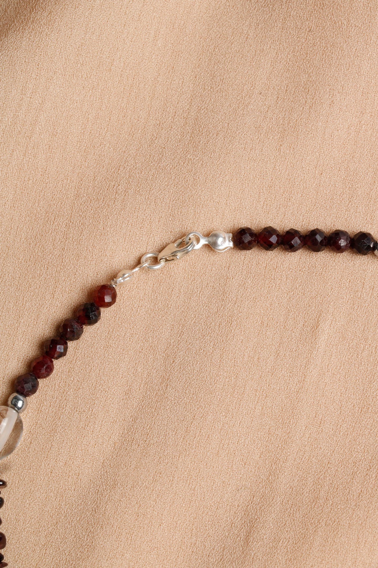Oceanistone Natural Garnet and Crystal Quartz Necklace with Silver Clasp