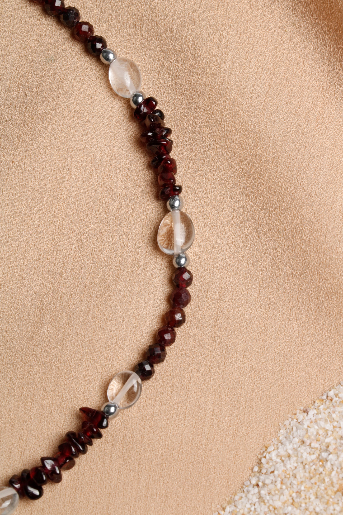 Oceanistone Natural Garnet and Crystal Quartz Necklace with Silver Clasp