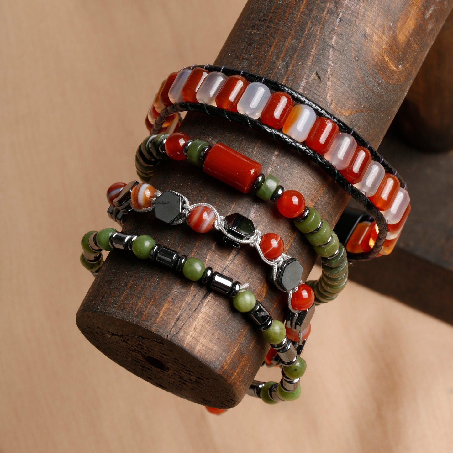 Men's Bracelet Collection with Red Agate, Jade, and Hematite Stones