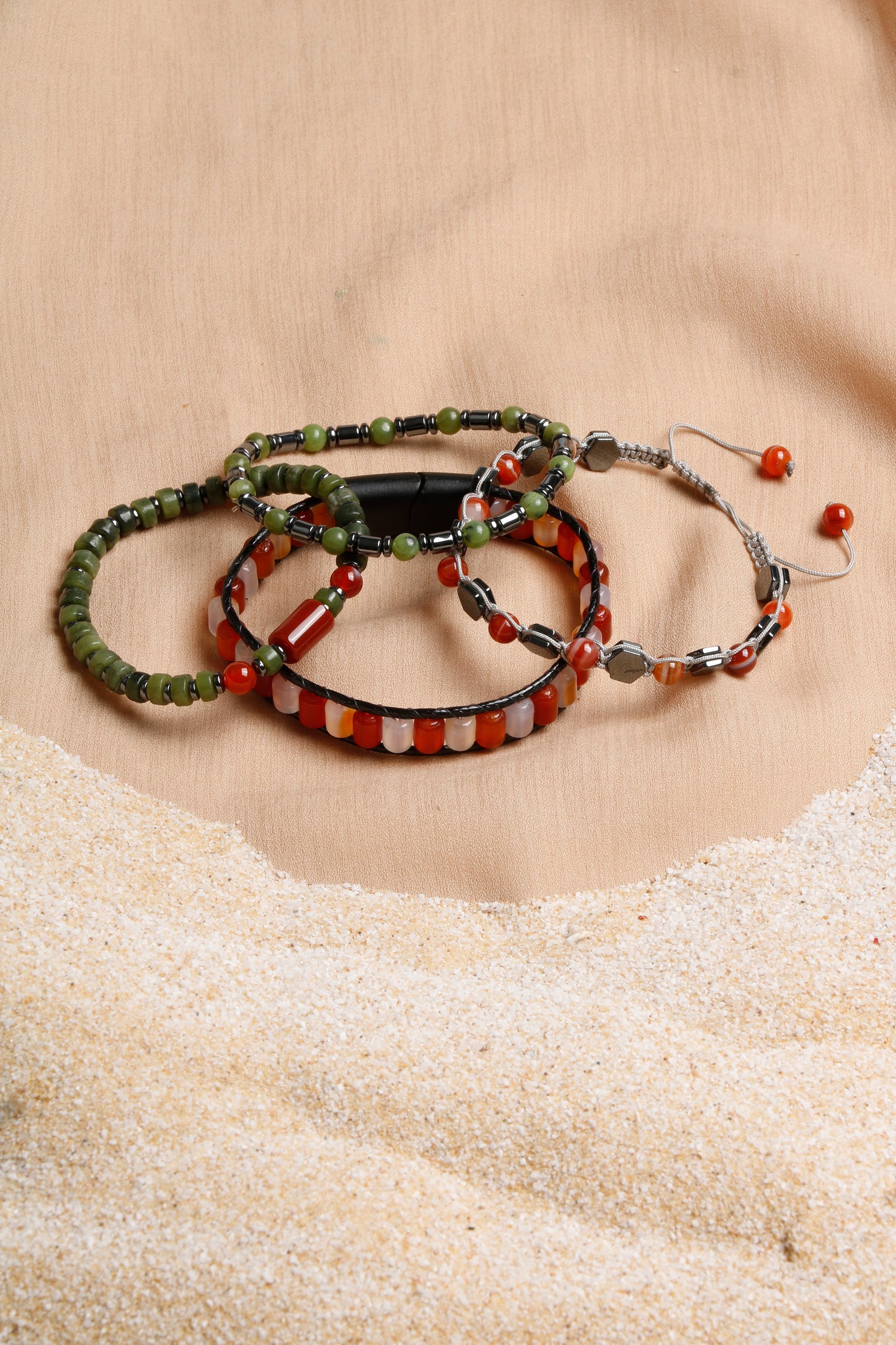Men's Bracelet Collection with Red Agate, Jade, and Hematite Stones