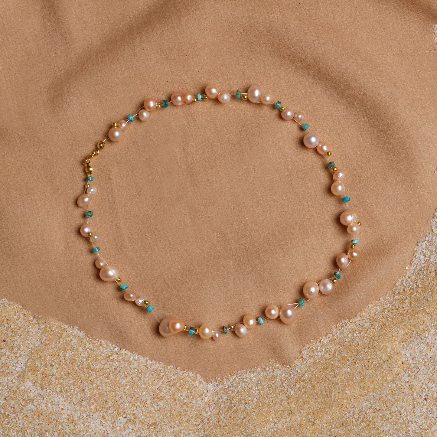 Oceanistone Freshwater Pearl and Turquoise Necklace with Sterling Silver Clasp