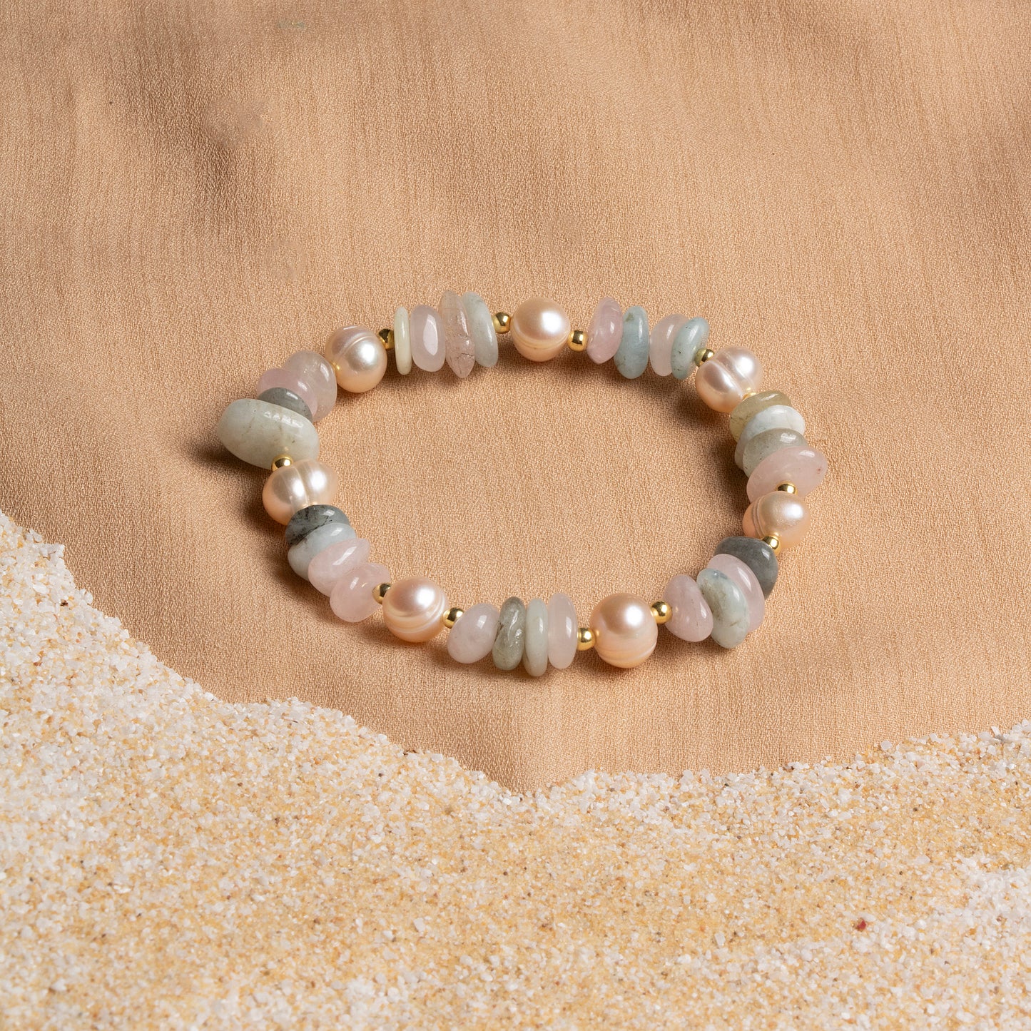 Aquamarine, Rose Quartz, and Pearl Stretch Bracelet – Oceanistone Collection