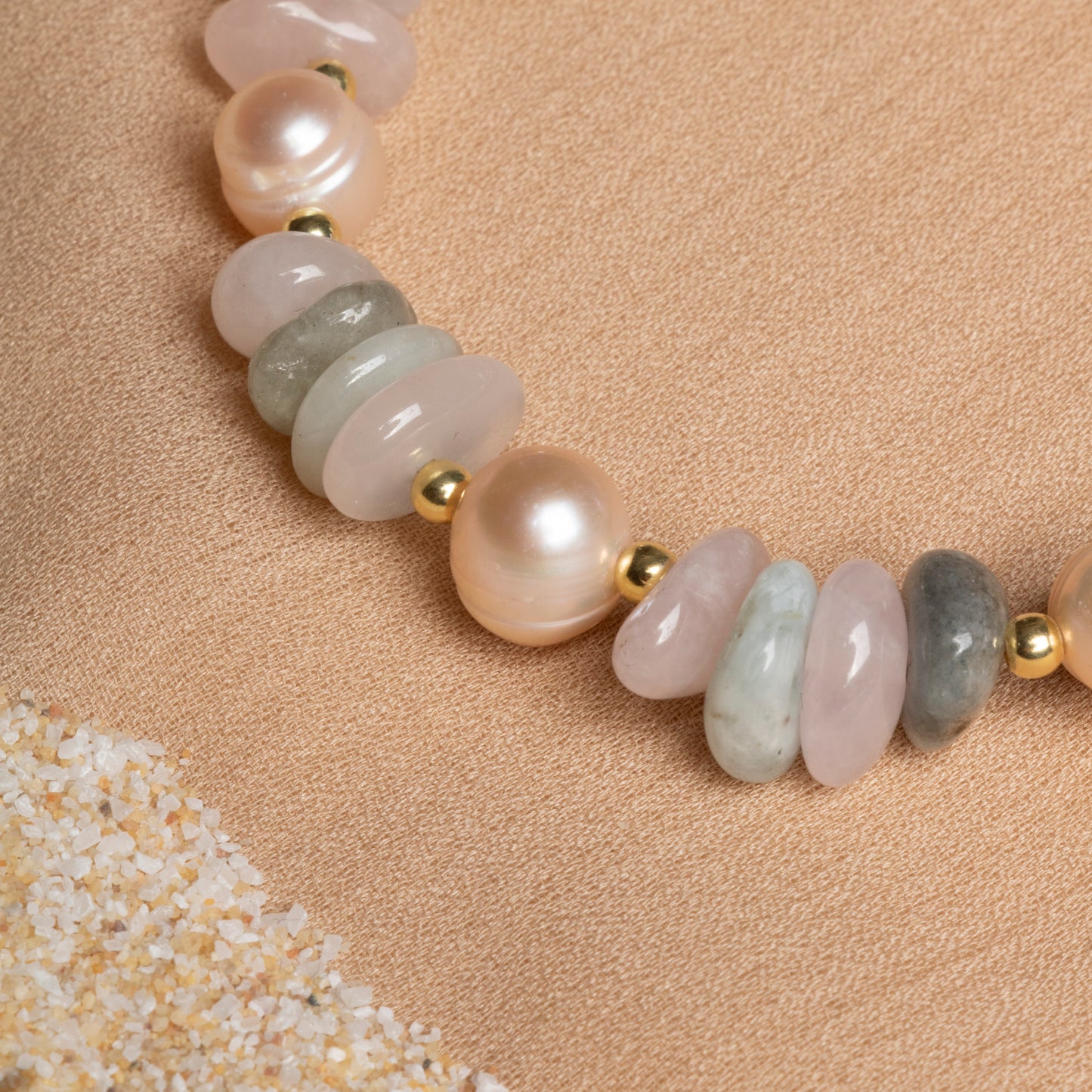 Aquamarine, Rose Quartz, and Pearl Stretch Bracelet – Oceanistone Collection