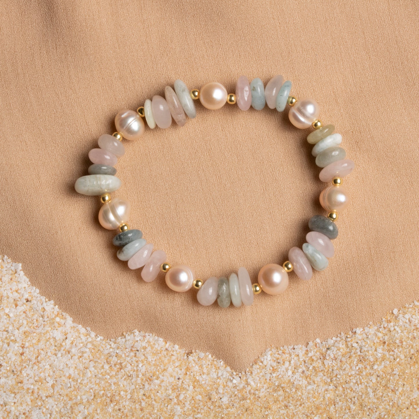 Aquamarine, Rose Quartz, and Pearl Stretch Bracelet – Oceanistone Collection