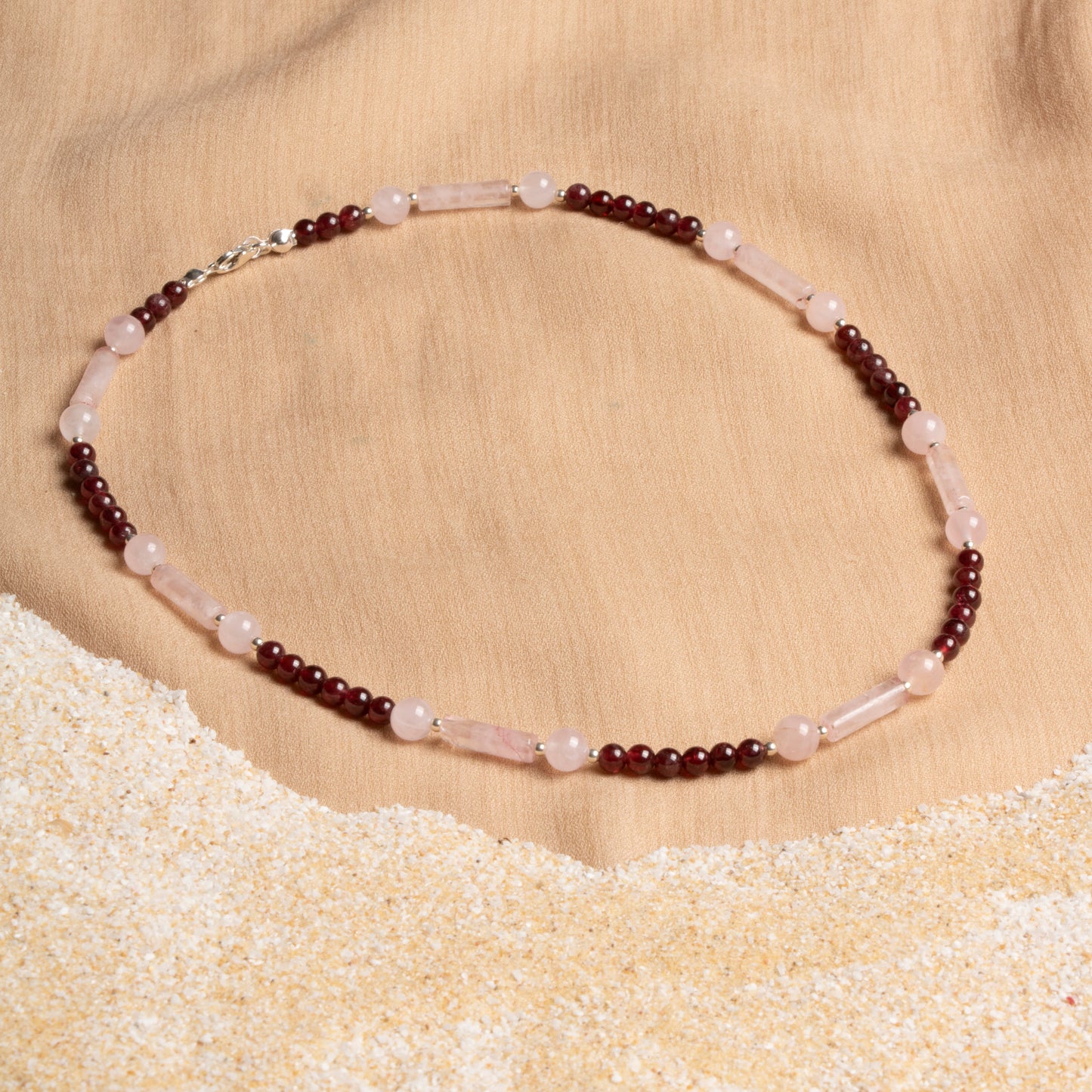 Garnet and Rose Quartz Necklace with Sterling Silver Clasp – Oceanistone Collection