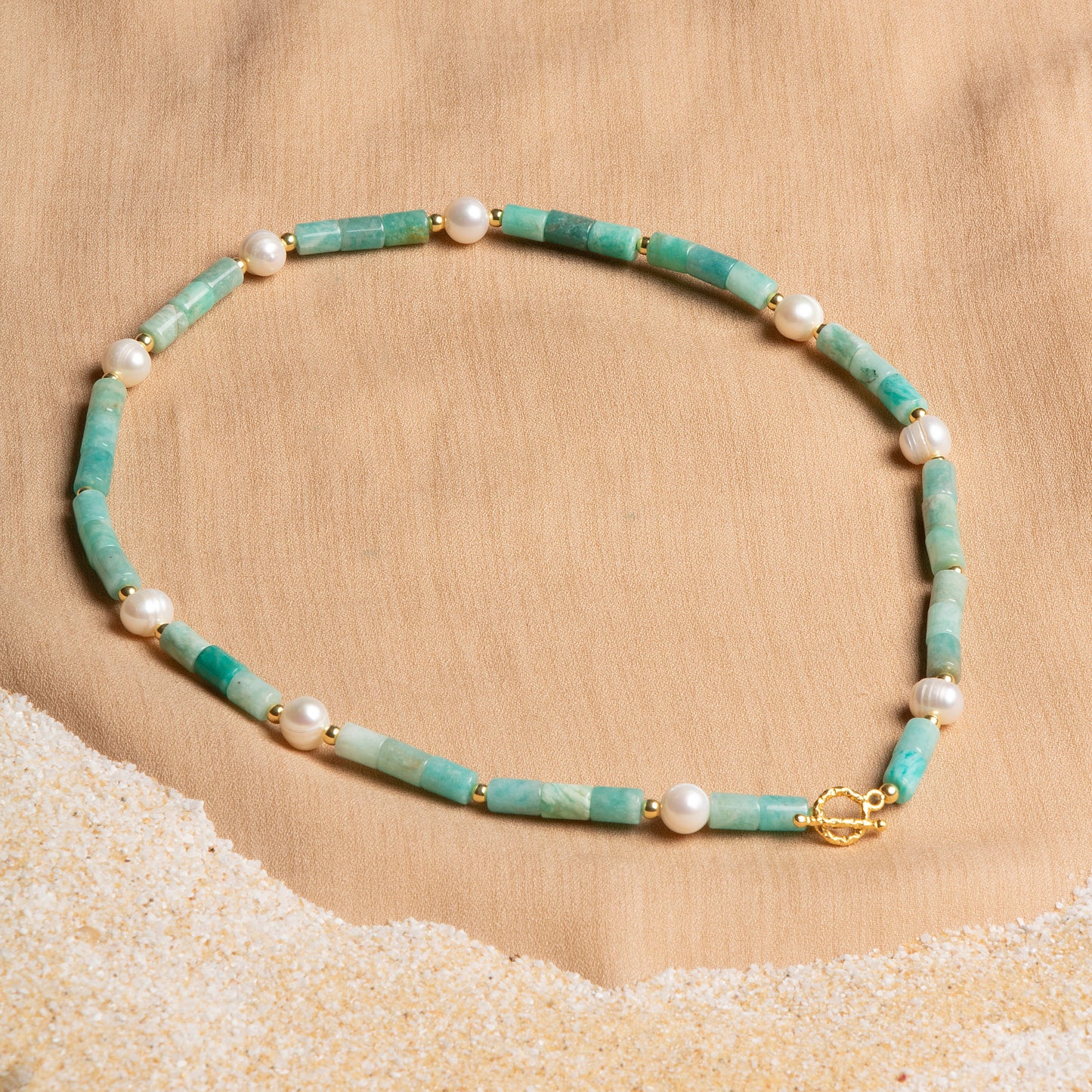Amazonite and Freshwater Pearl Necklace with Sterling Silver Clasp – Oceanistone Collection