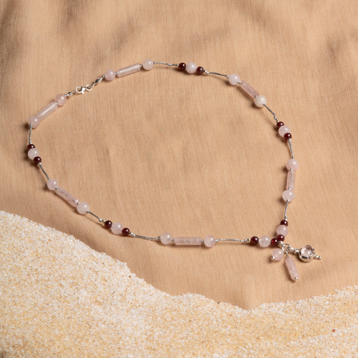 Garnet and Rose Quartz Necklace with Sterling Silver Pendant – Oceanistone Collection