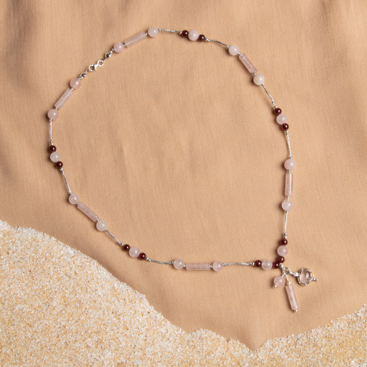 Garnet and Rose Quartz Necklace with Sterling Silver Pendant – Oceanistone Collection