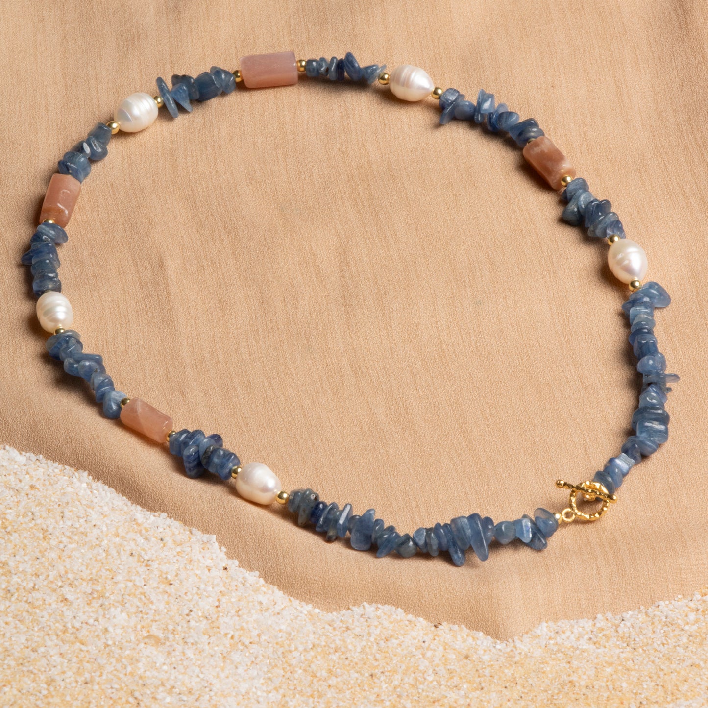 Kyanite, Sunstone, and Pearl Necklace with Sterling Silver Clasp – Oceanistone Collection