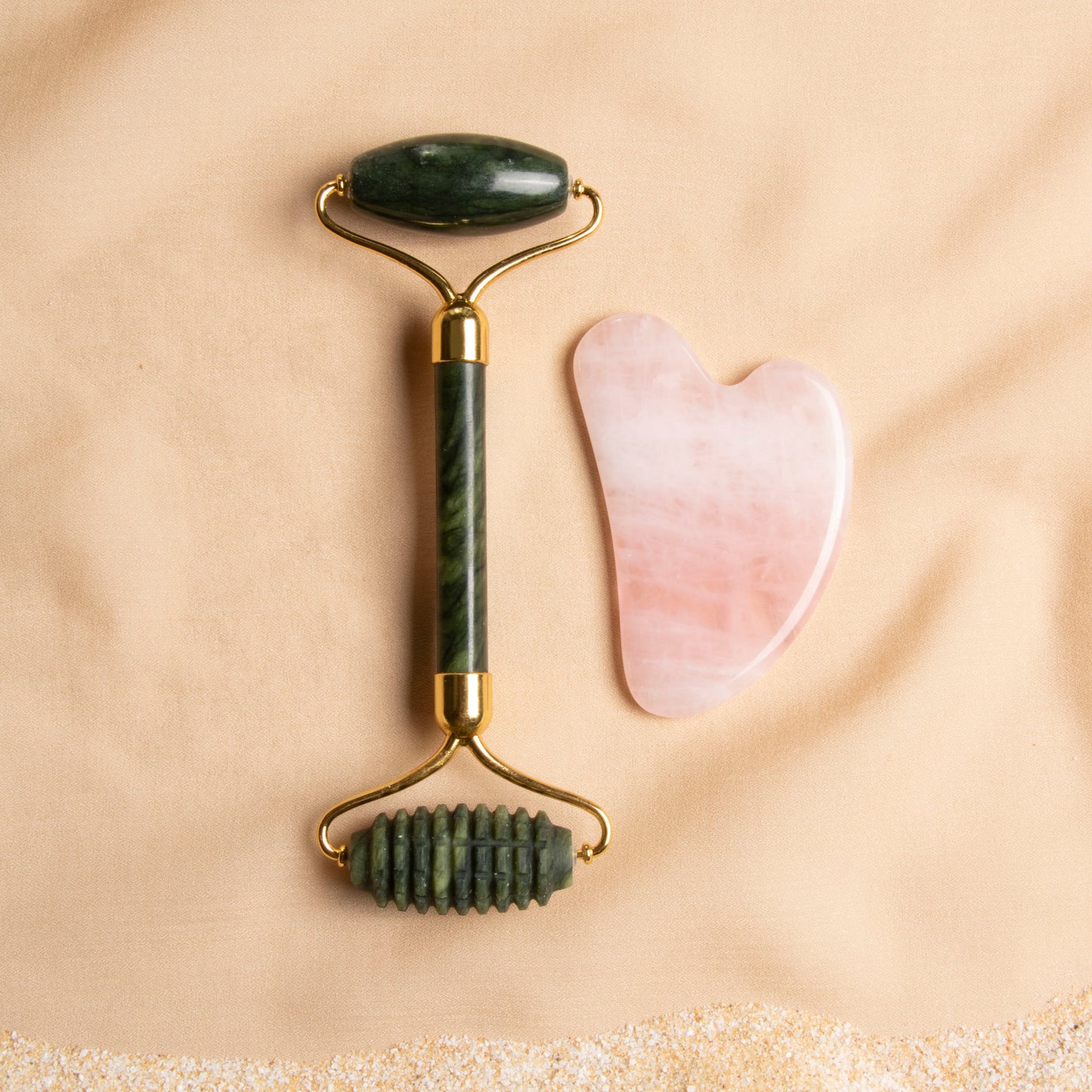 Jade Ridged Roller & Rose Quartz Gua Sha Massage Set