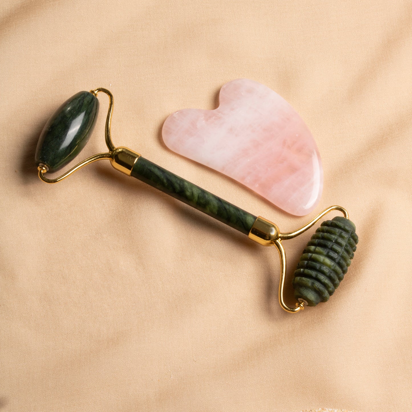 Jade Ridged Roller & Rose Quartz Gua Sha Massage Set