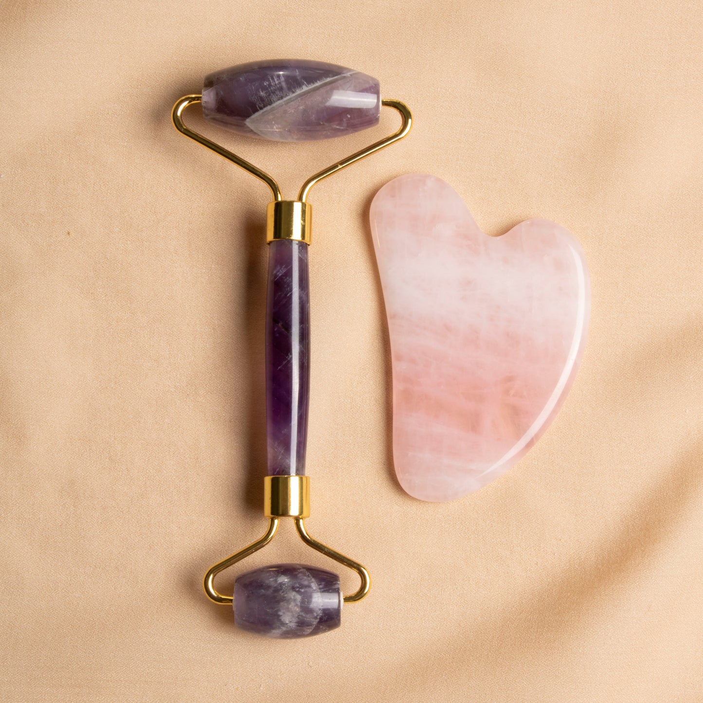 Amethyst Roller & Rose Quartz Heart-Shaped Gua Sha Massage Set