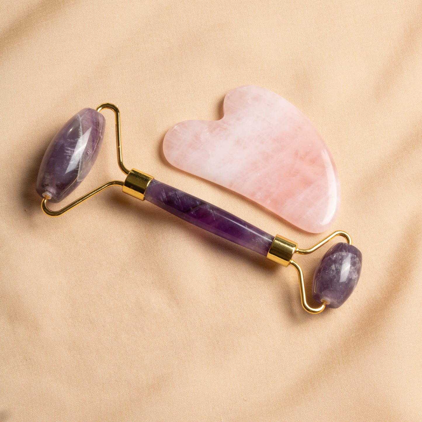 Amethyst Roller & Rose Quartz Heart-Shaped Gua Sha Massage Set