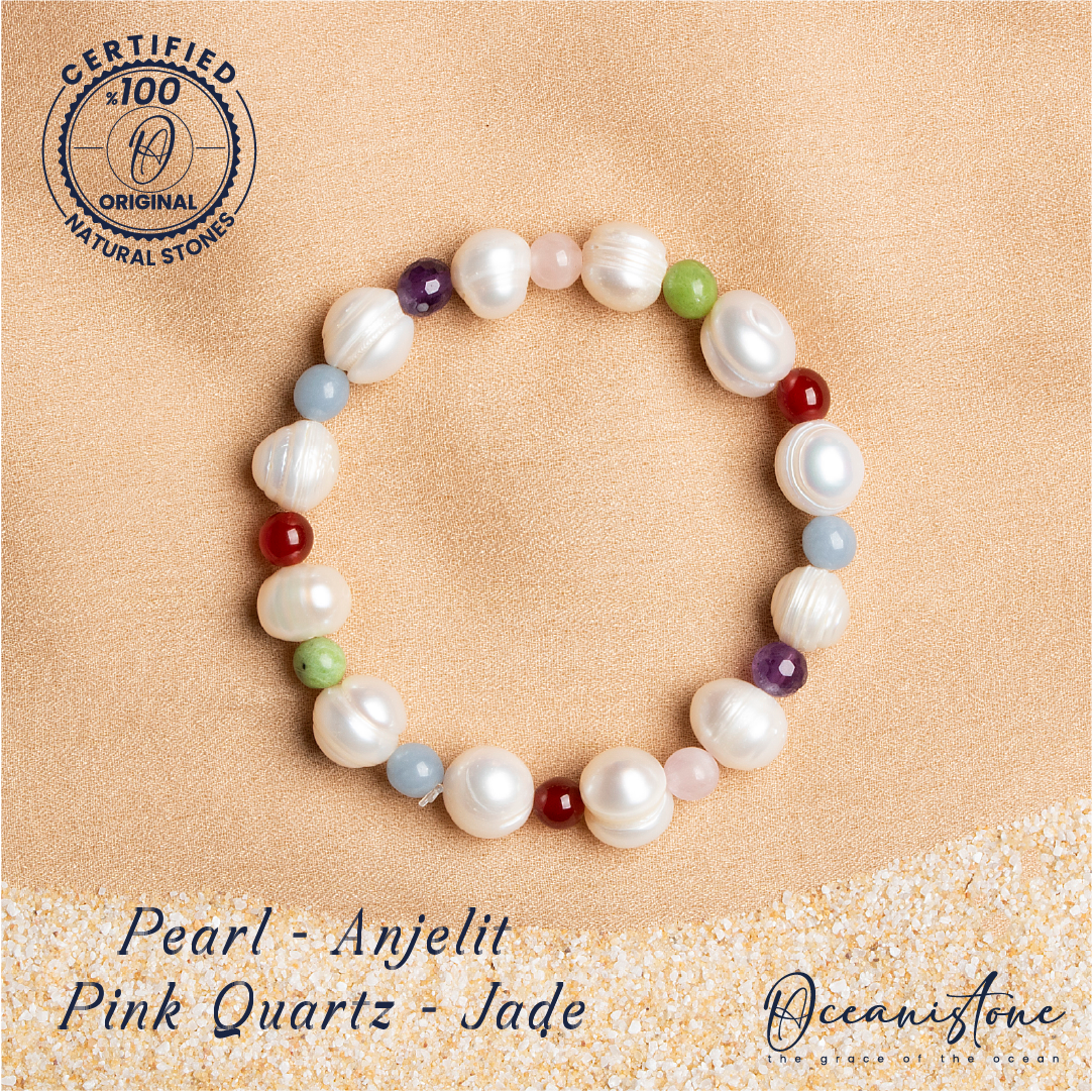 Women’s Jade, Rose Quartz, Pearl, and Angelite Stretch Bracelet