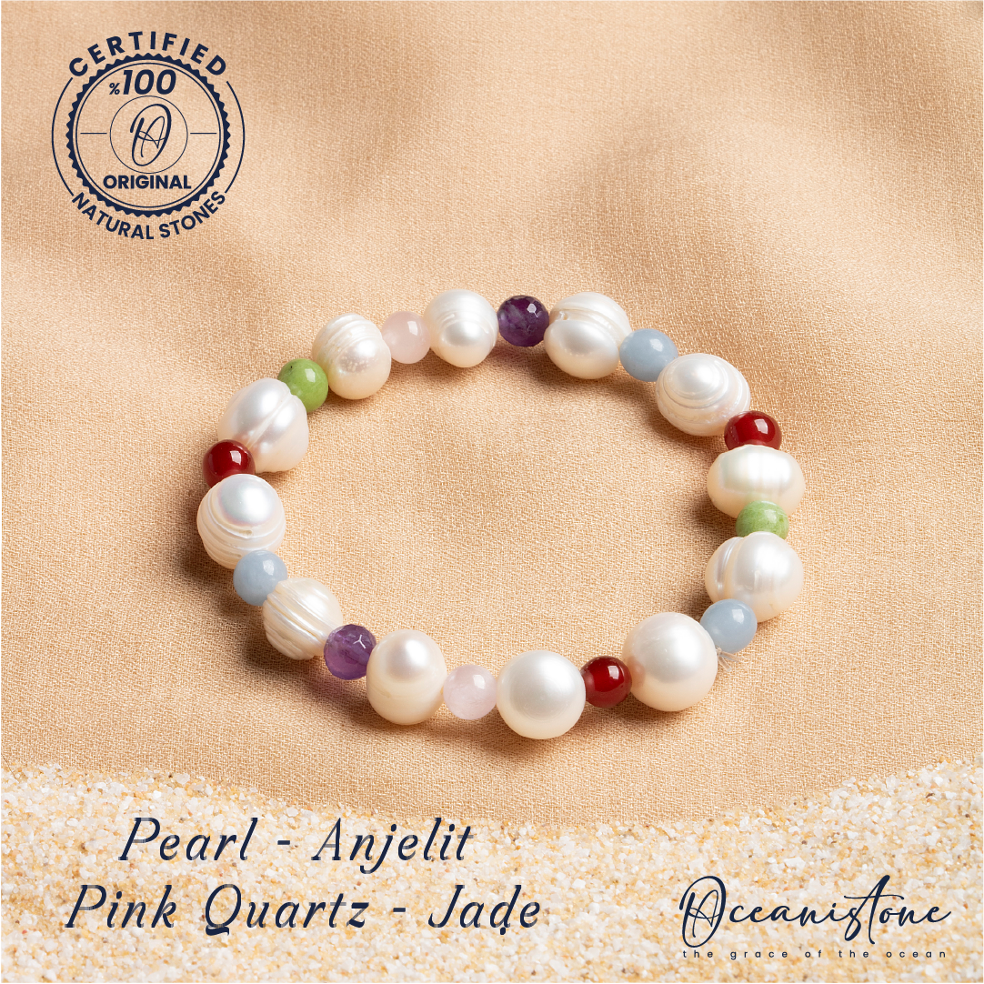 Women’s Jade, Rose Quartz, Pearl, and Angelite Stretch Bracelet