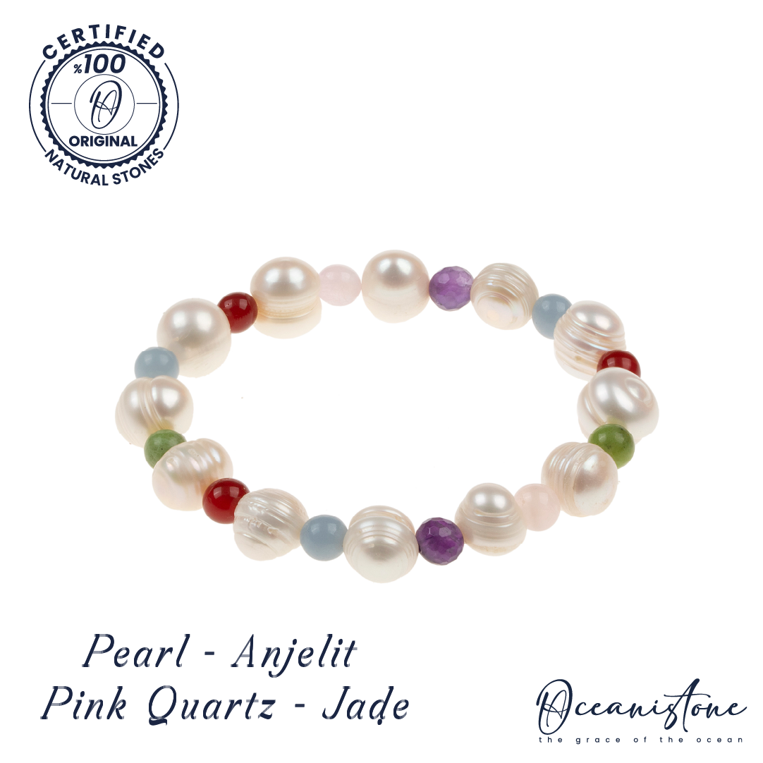 Women’s Jade, Rose Quartz, Pearl, and Angelite Stretch Bracelet